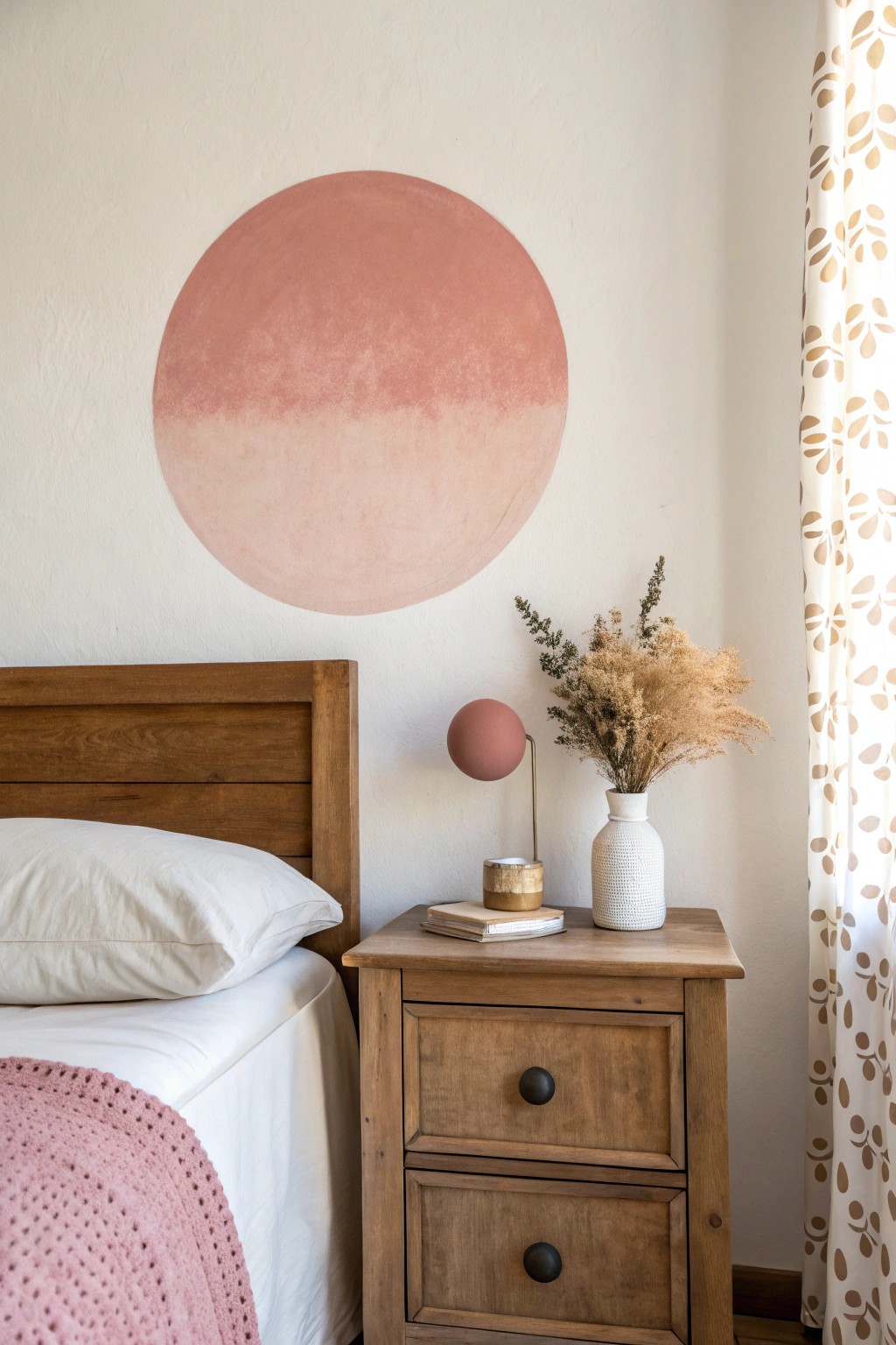 Elevate your bedroom with a simple, handcrafted pop of color—a blush circle for instant artful charm.