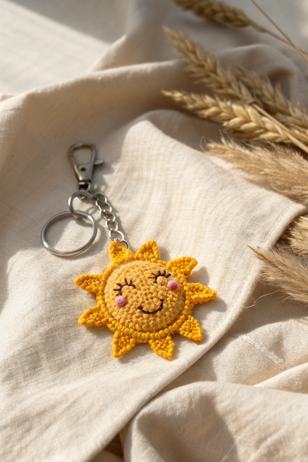 Bring a little sunshine wherever you go with this handcrafted crochet sun keychain.