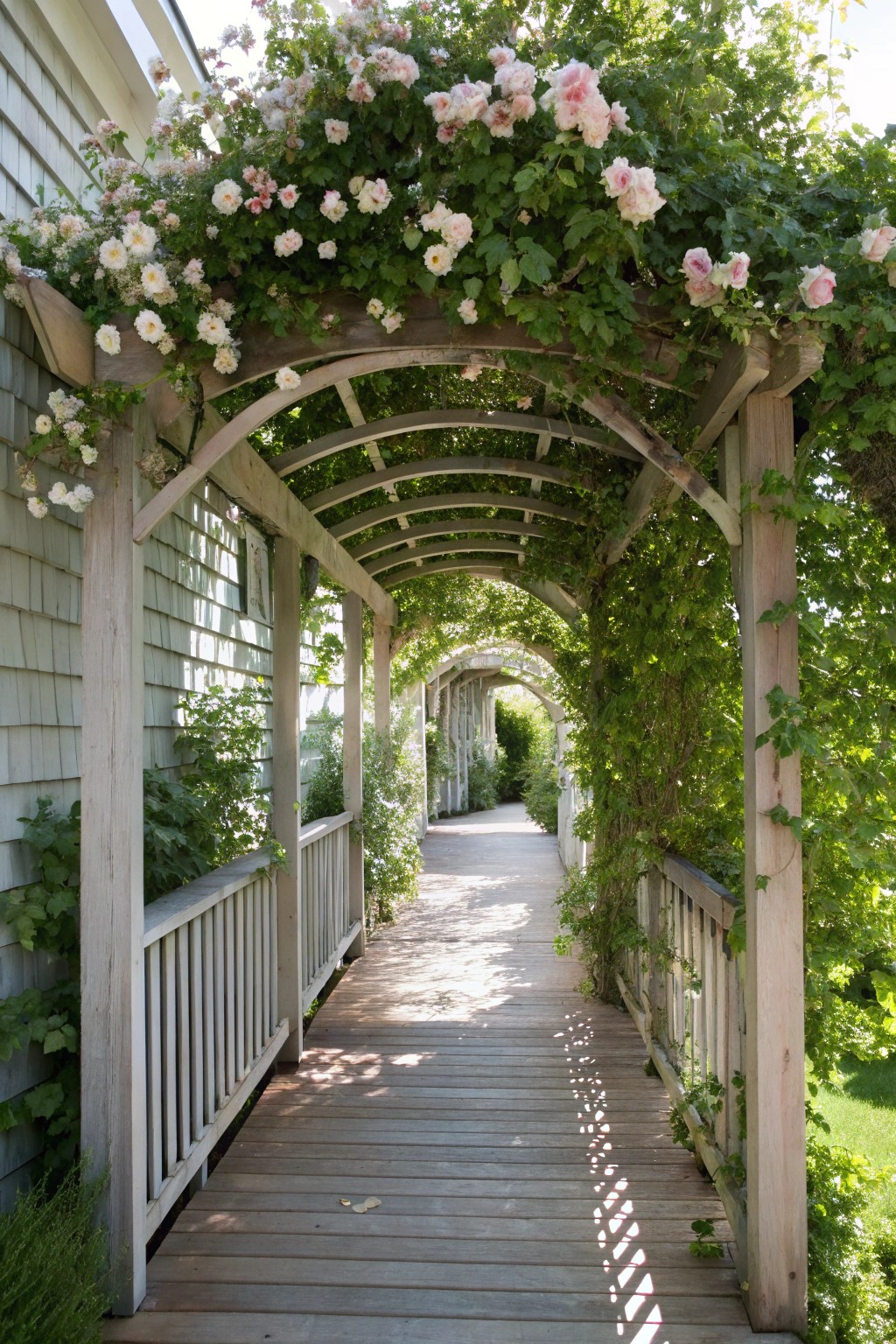 Graceful trellis walkway draped in jasmine and roses—romance in every step.