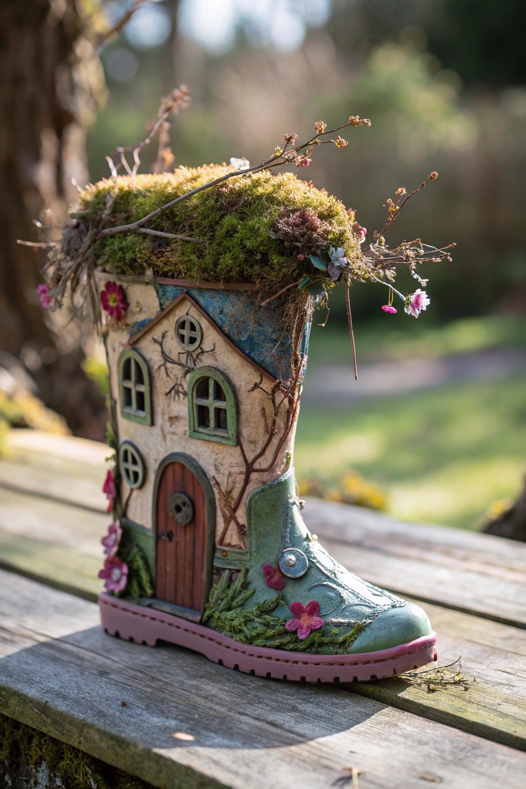 Turn a rain boot into a magical fairy cottage with moss and a tiny door!