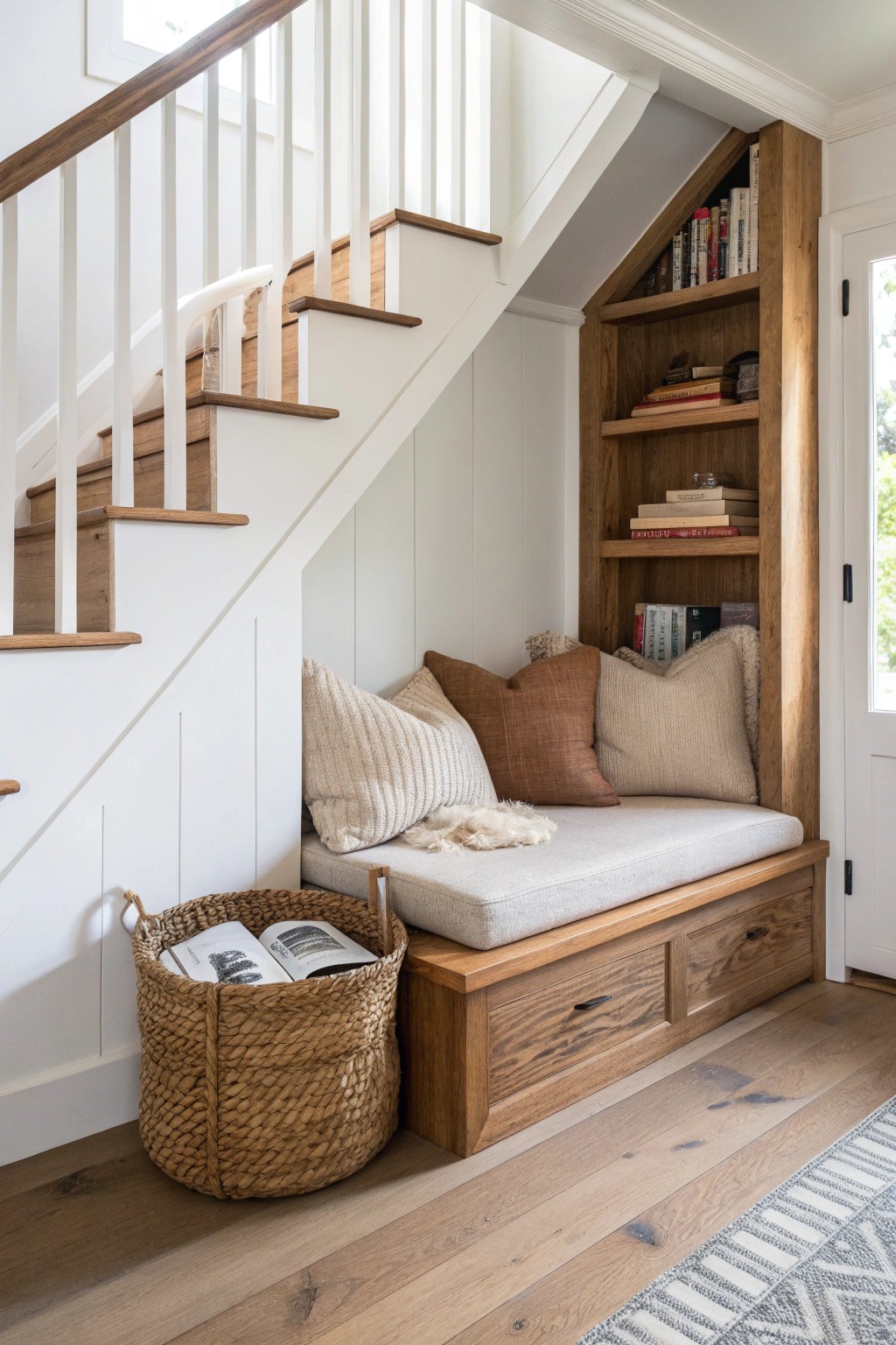 Discover magic in a handcrafted reading nook under the stairs—where simplicity meets wonder.