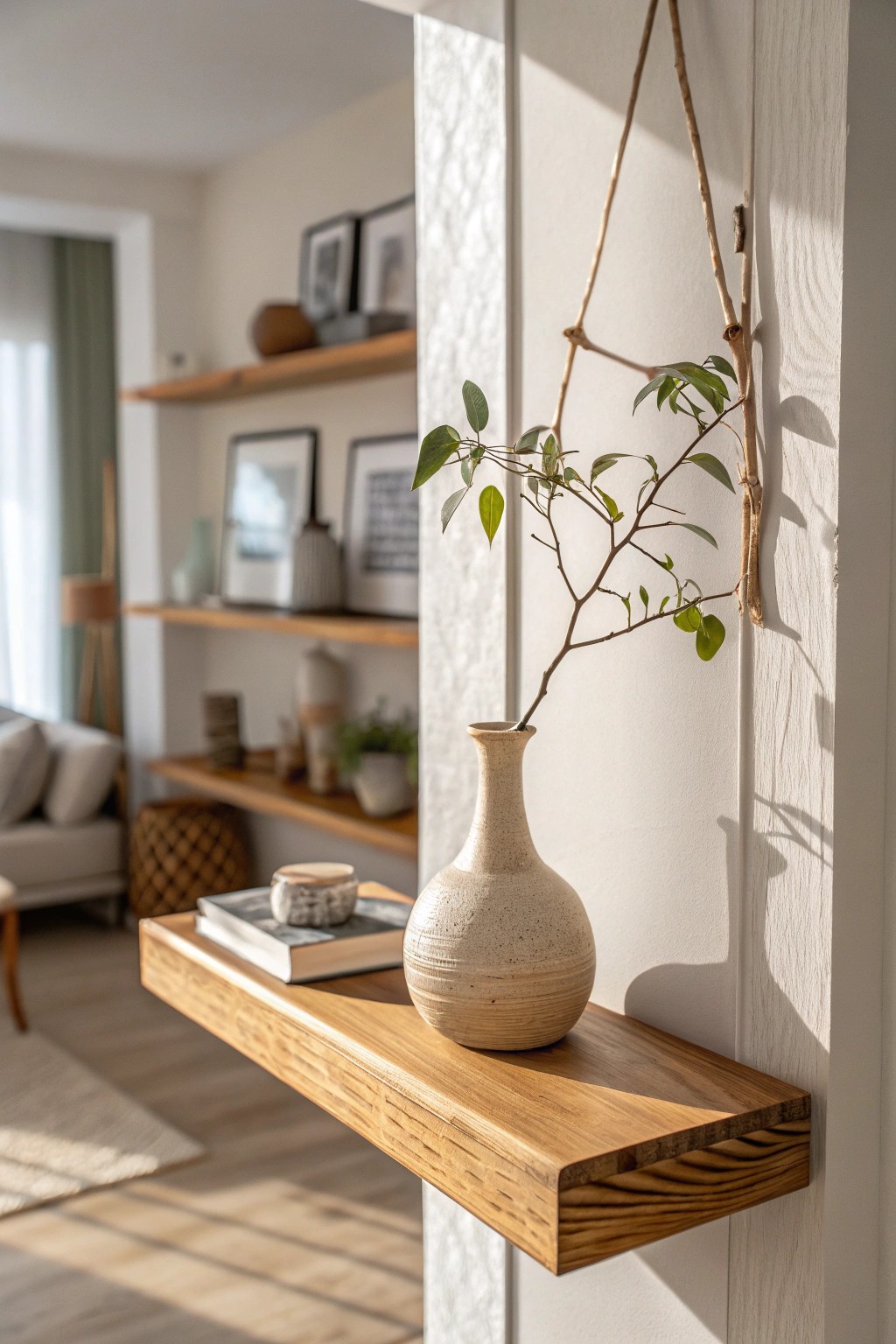 Divide your space elegantly—floating shelves as effortless room dividers.