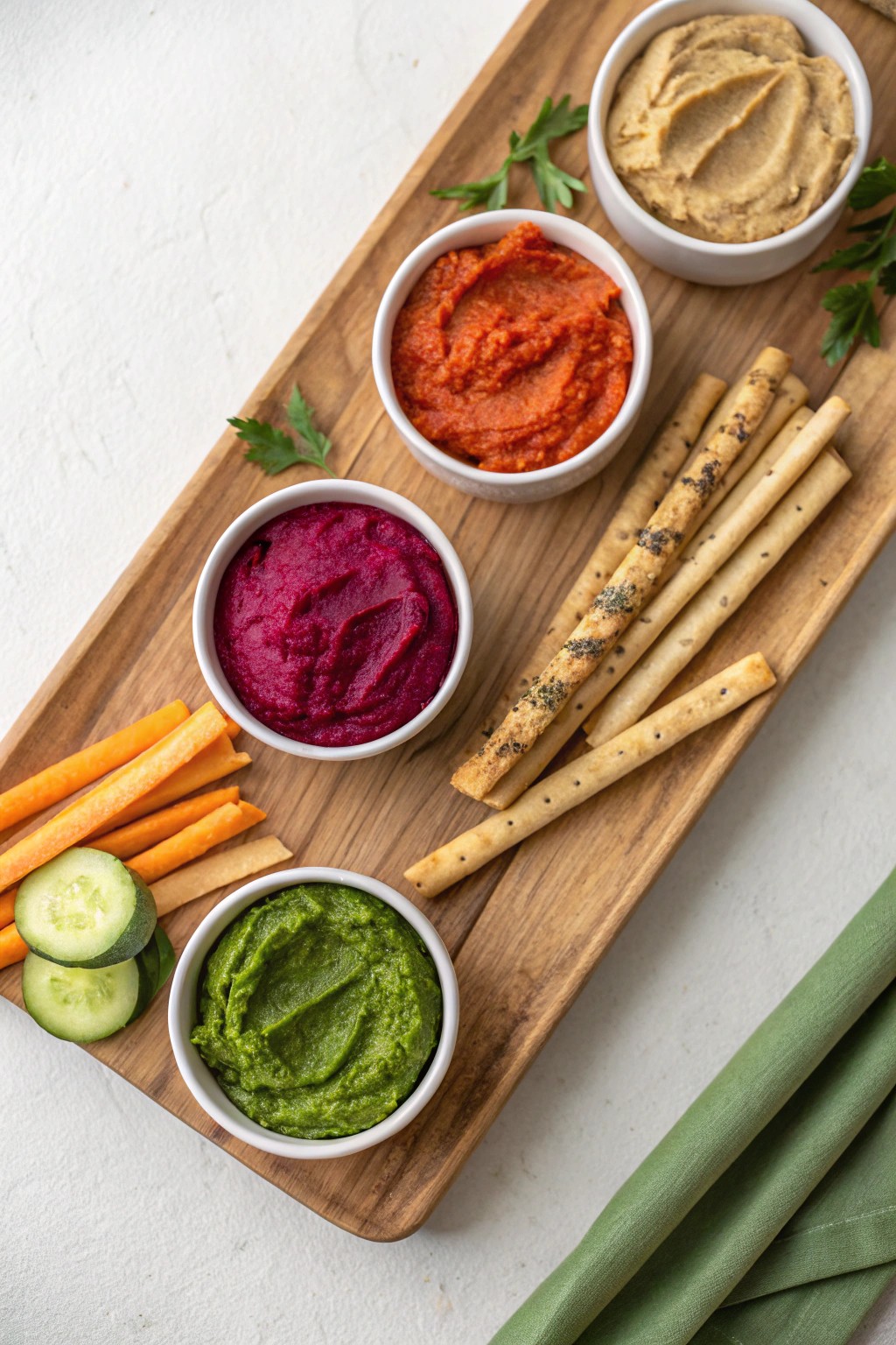 Simple pleasures: mini dips and breadsticks, artfully arranged for effortless entertaining.