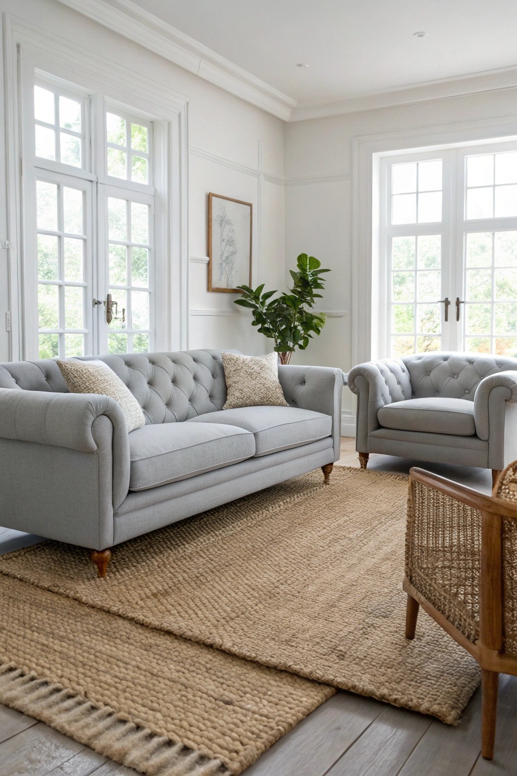 Create a cozy conversation pit with two grey couches—simple, inviting, and perfectly balanced.