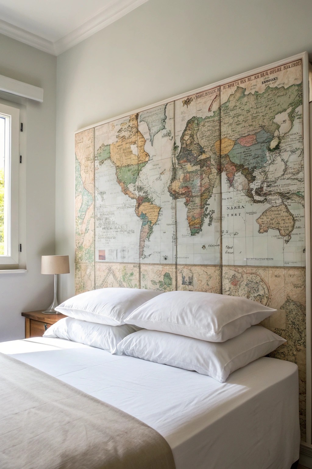 Dream of new adventures with a handmade map collage headboard.