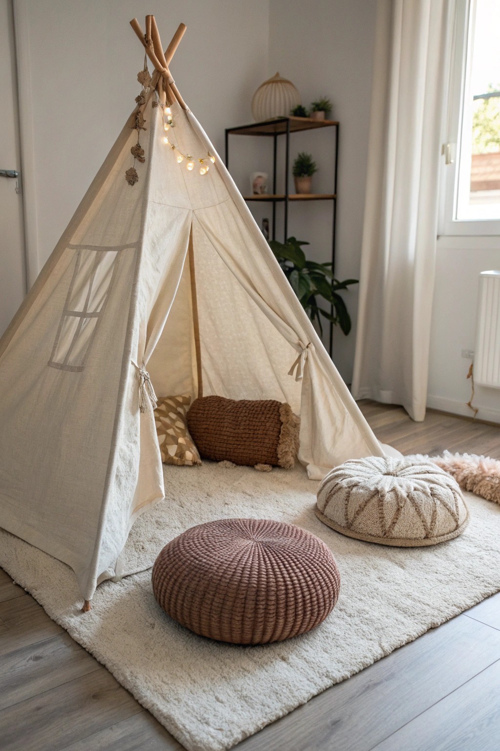 Create a dreamy soft zone with a handcrafted tent and plush floor cushions—perfect for cozy moments and creative play.