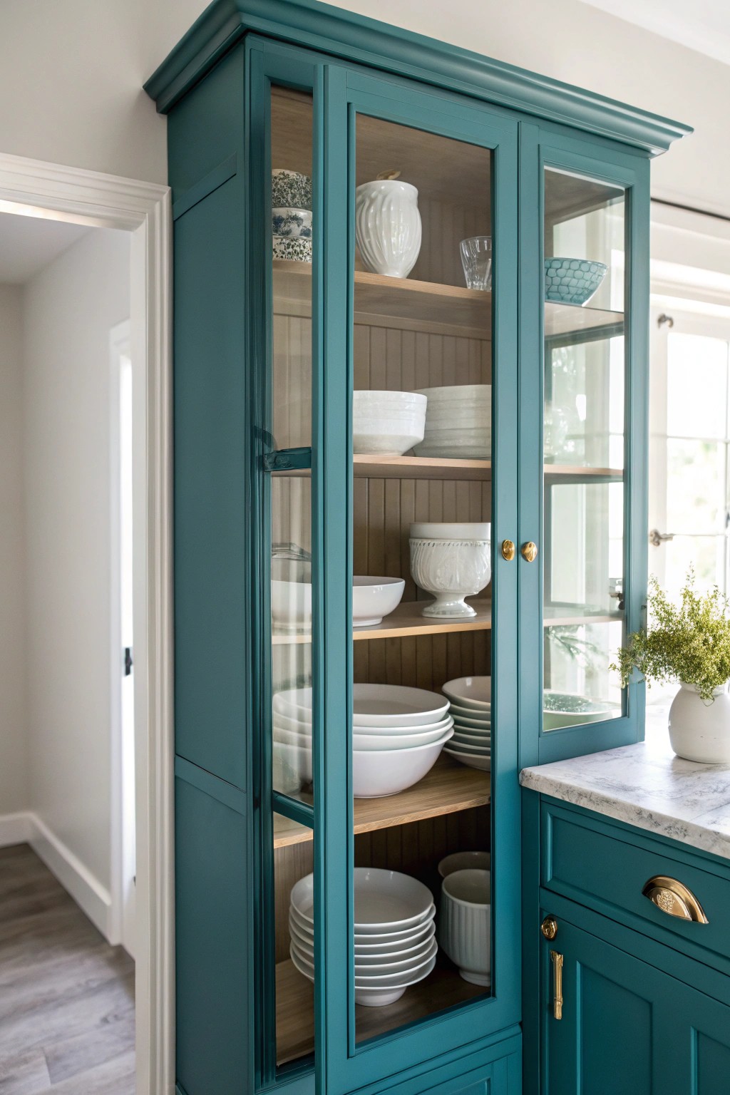 A pop of teal inside a glass-front cabinet turns everyday dishes into art.
