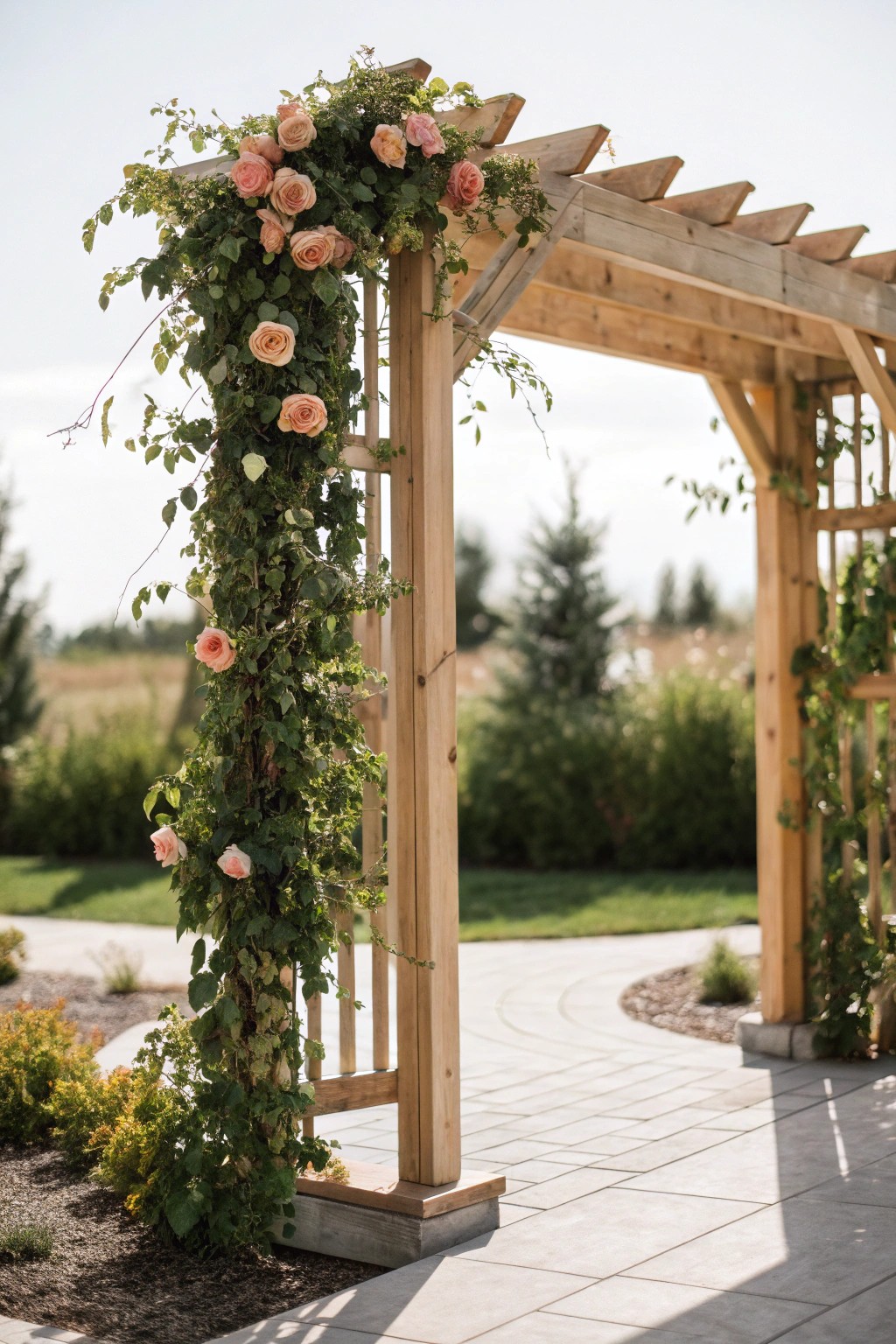 A handcrafted wooden arbor with climbing roses—simple elegance for your front yard entrance.