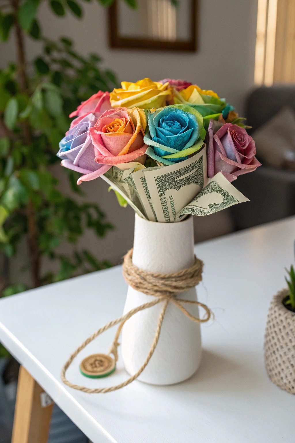 A rainbow money bouquet: minimalist, joyful, and crafted with love.