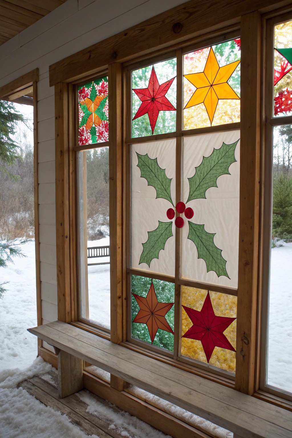 Handcrafted tissue paper stained glass brings festive warmth to your outdoor windows.