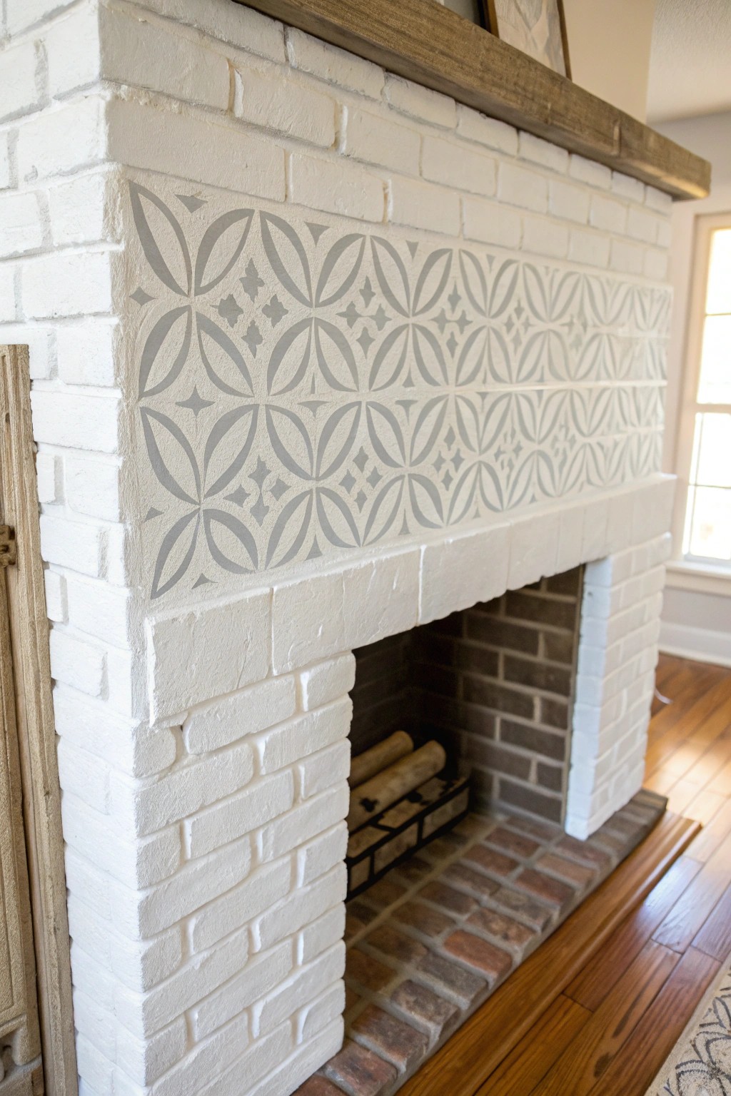 Elevate your fireplace with a handcrafted geometric stencil for subtle, playful detail.