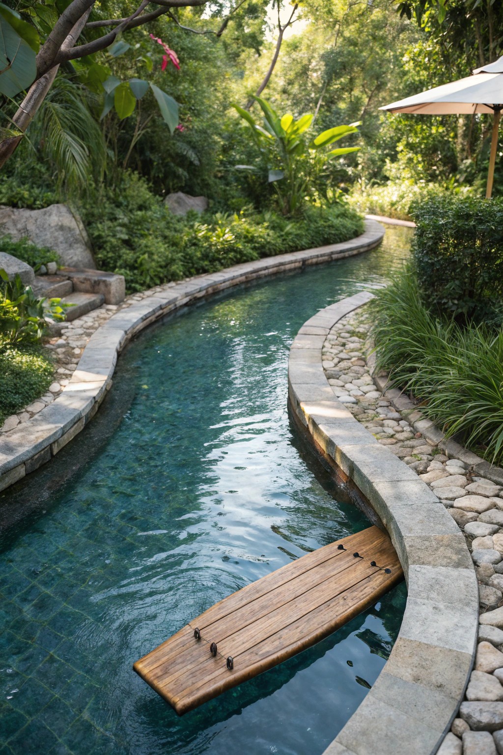 Drift away on a handcrafted float in your own serene lazy river.