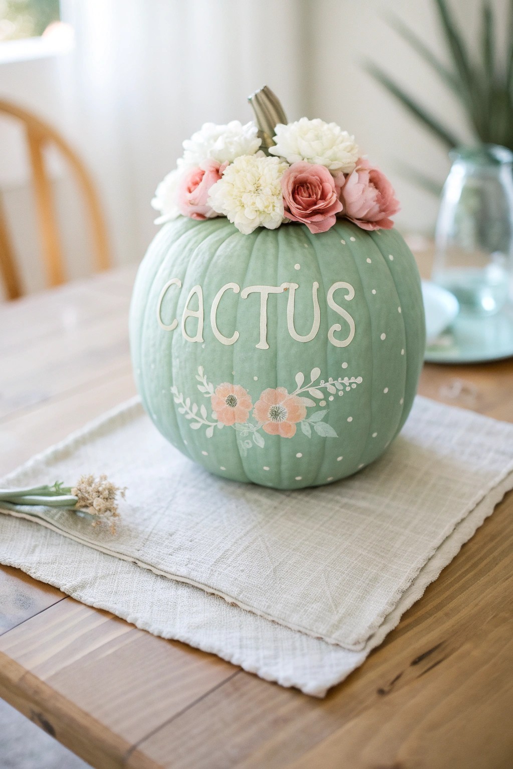Sage green cactus pumpkin—Scandi minimalism meets boho chic.