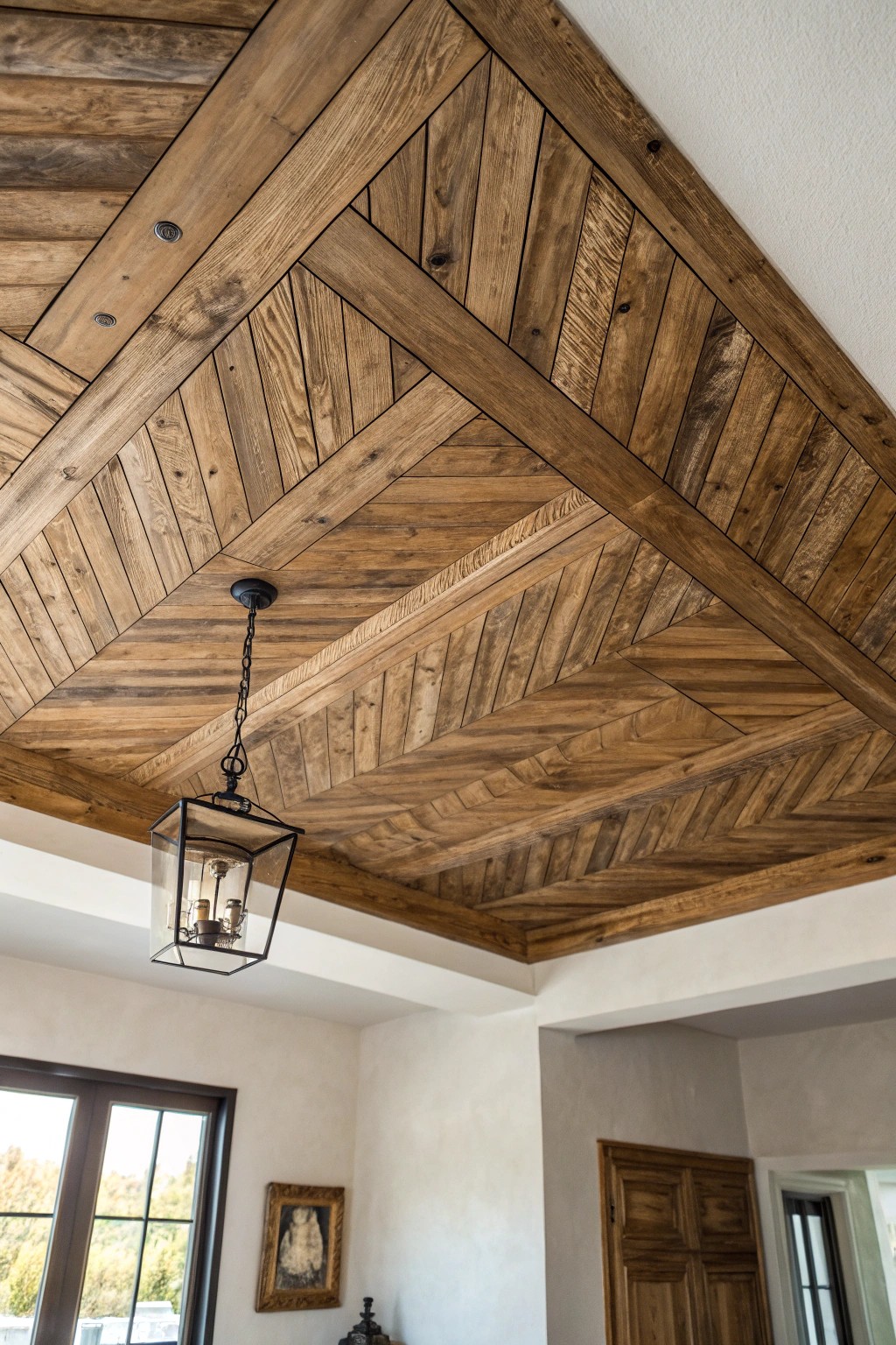 Elevate your living room with a handcrafted herringbone wood ceiling—where rustic charm meets dramatic elegance.
