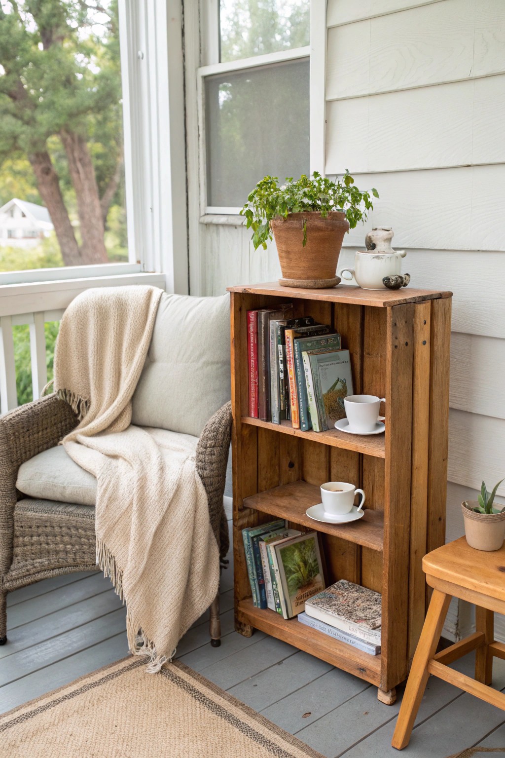 A cozy corner bookshelf—your new favorite spot for reading and relaxing on the porch.
