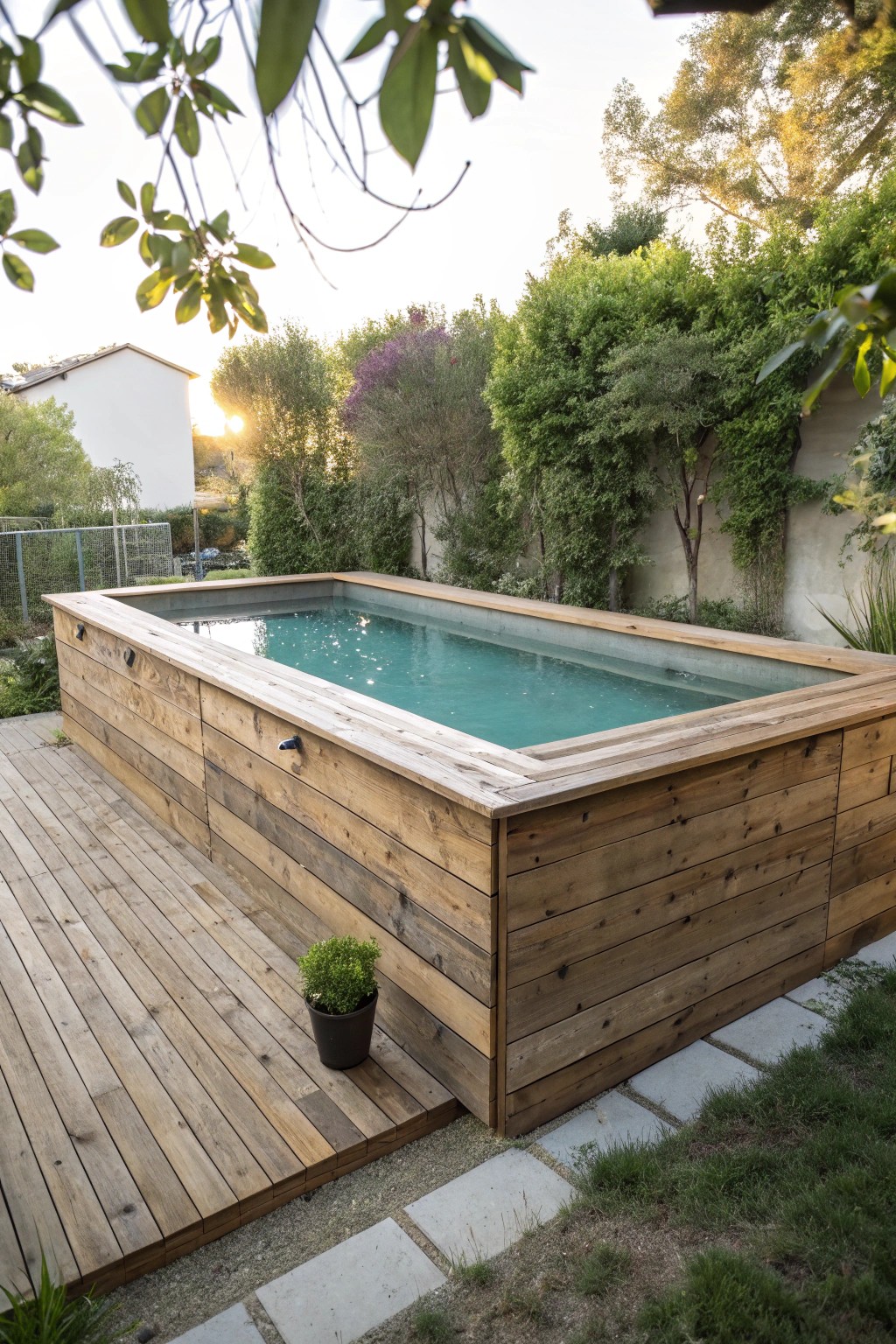 Elevate your backyard with a stunning above-ground pool crafted from reclaimed wood.