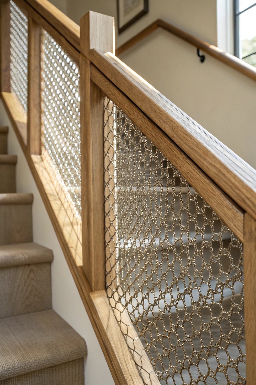Artisan-crafted stair railing with textured metal mesh—where simplicity meets striking design.