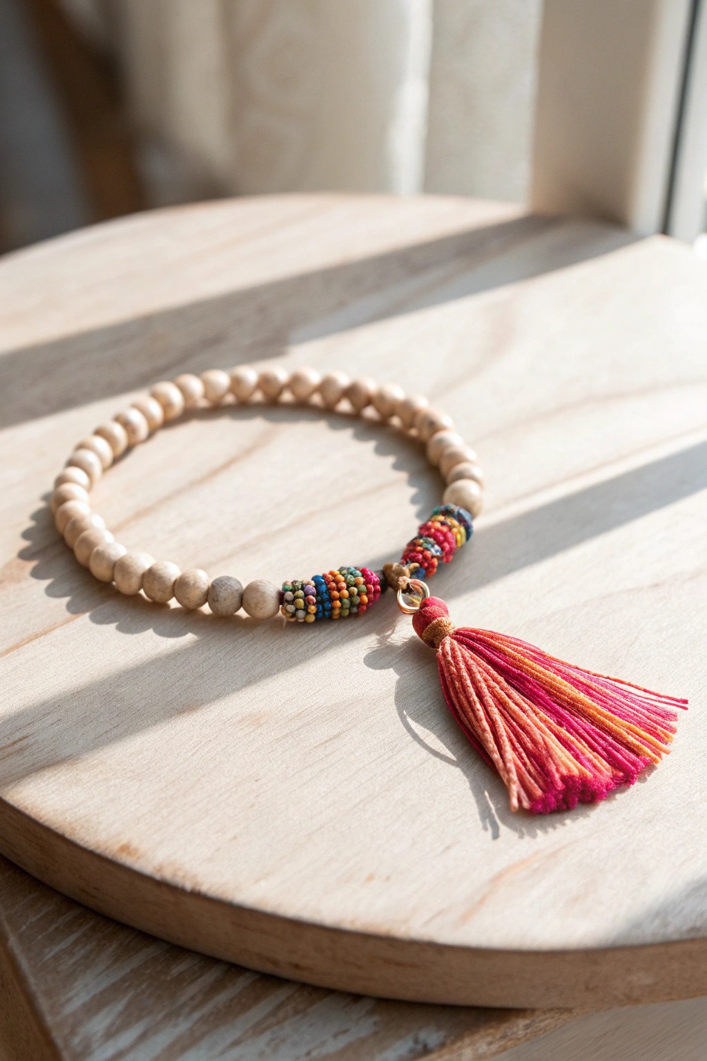 Add a playful pop to your beaded bracelet with a tiny, vibrant tassel—Scandi-minimalist meets Boho flair.