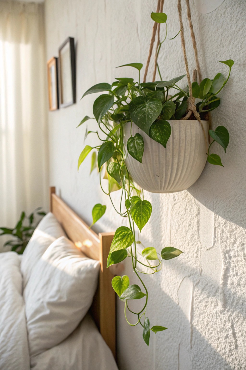 Elevate your bedroom with a handcrafted wall planter and lush greenery.
