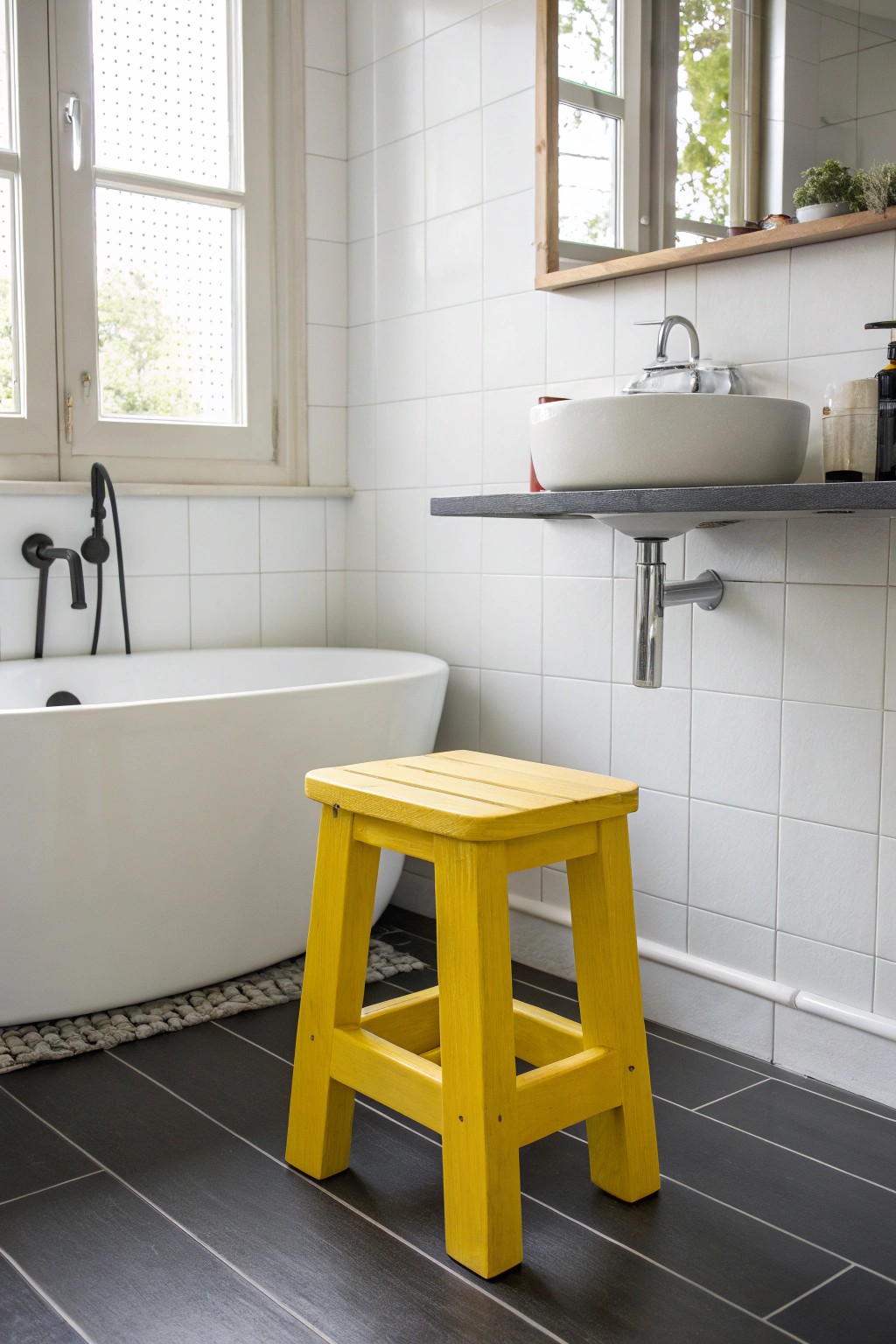 A single yellow stool brings energy and personality to a timeless black and white bathroom.