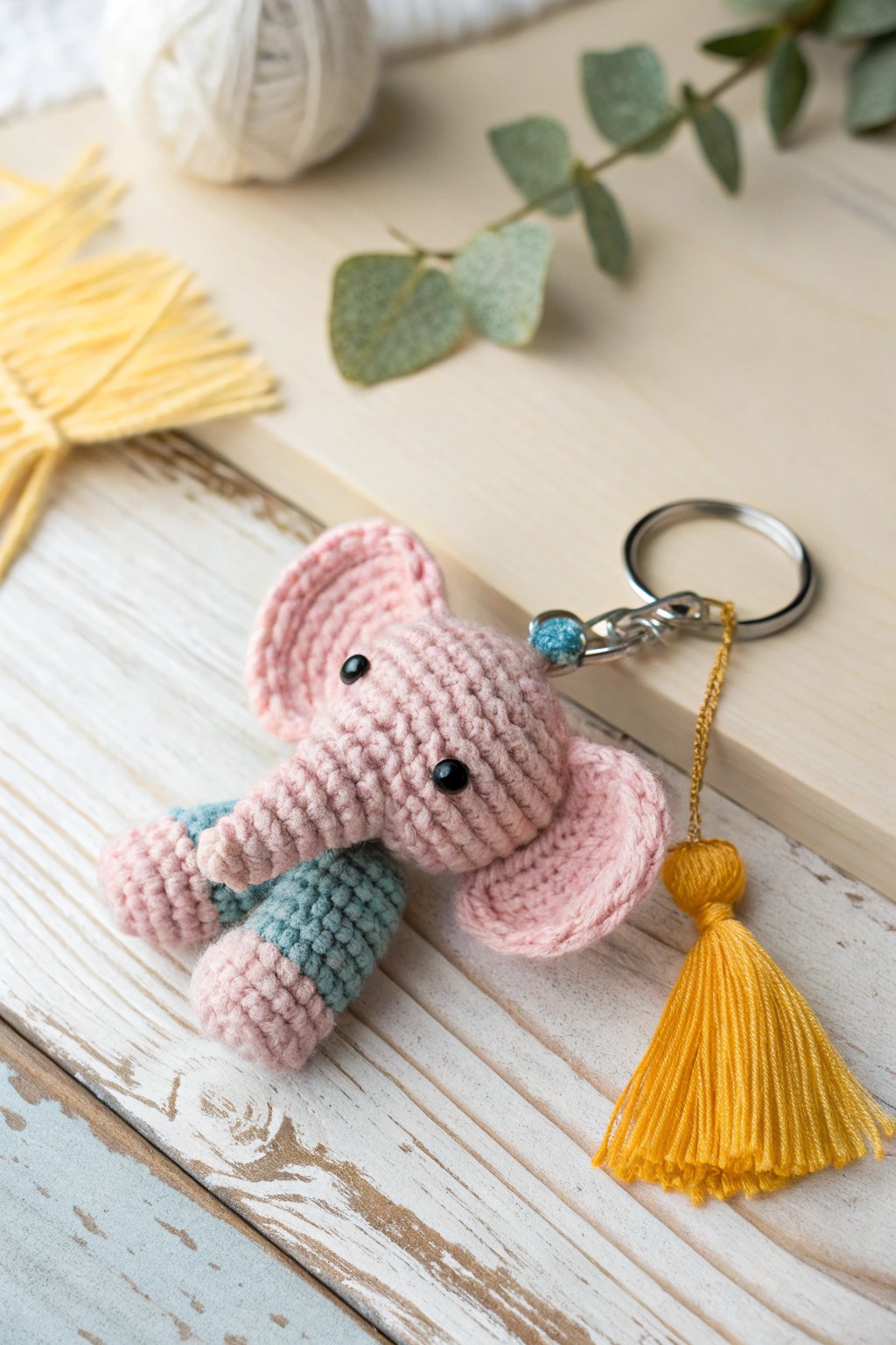 Charming crochet elephant keychain—crafted in pastels for a touch of luck and style.
