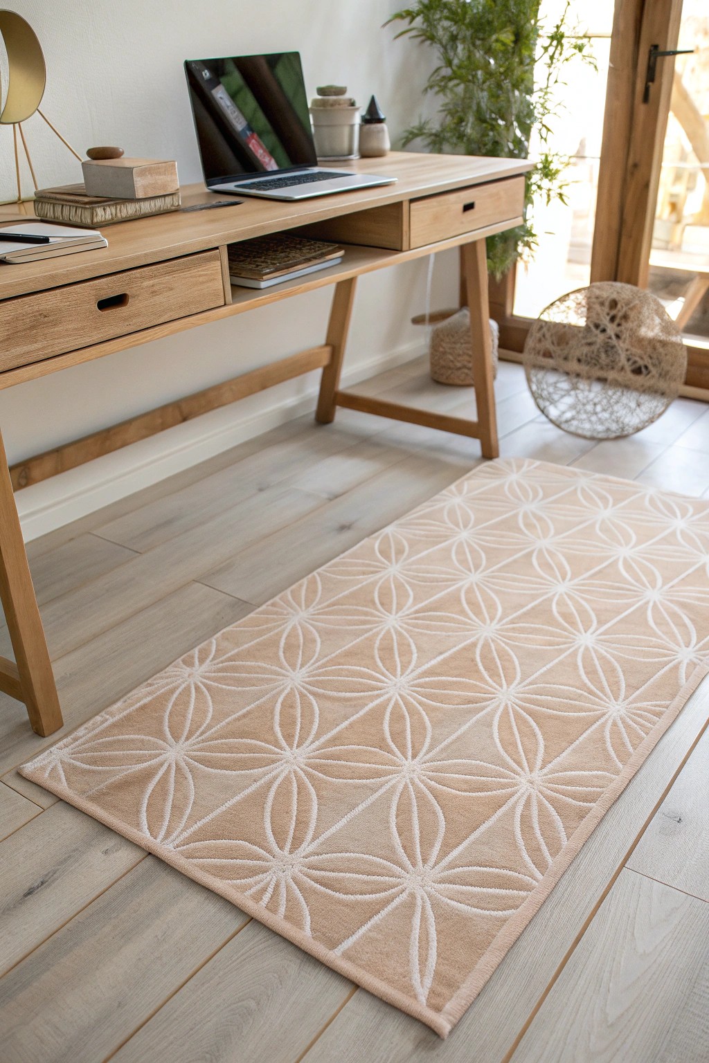 Elevate your workspace with a handcrafted geometric rug—where harmony meets focus underfoot.