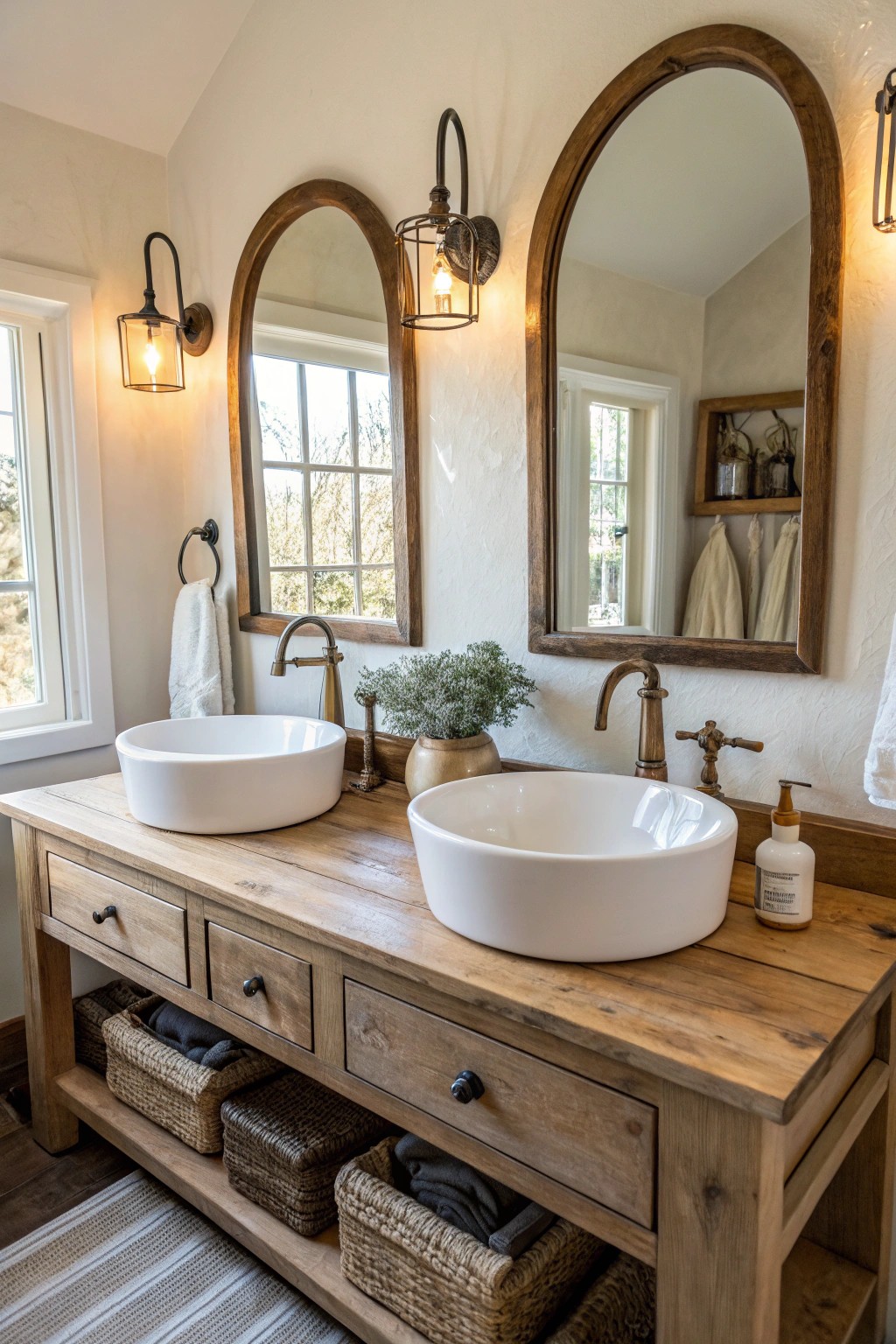 Symmetrical beauty: twin sinks and mirrors bring farmhouse harmony to your bathroom.