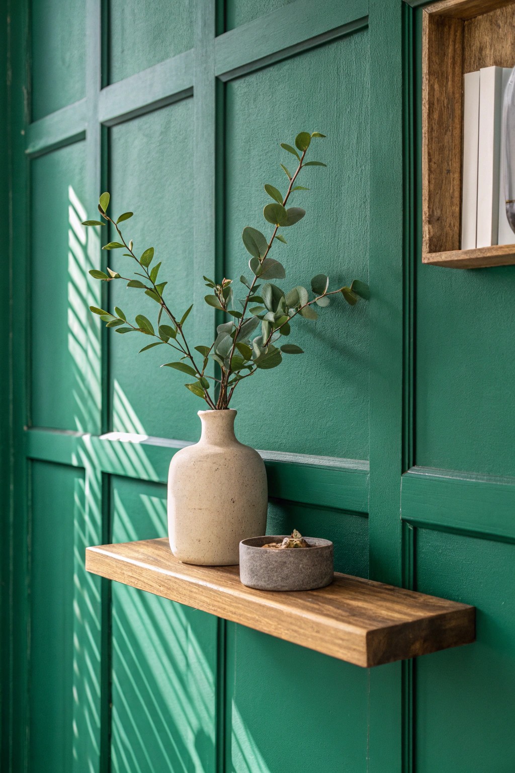 Make your shelves pop with a bold accent wall and natural touches.