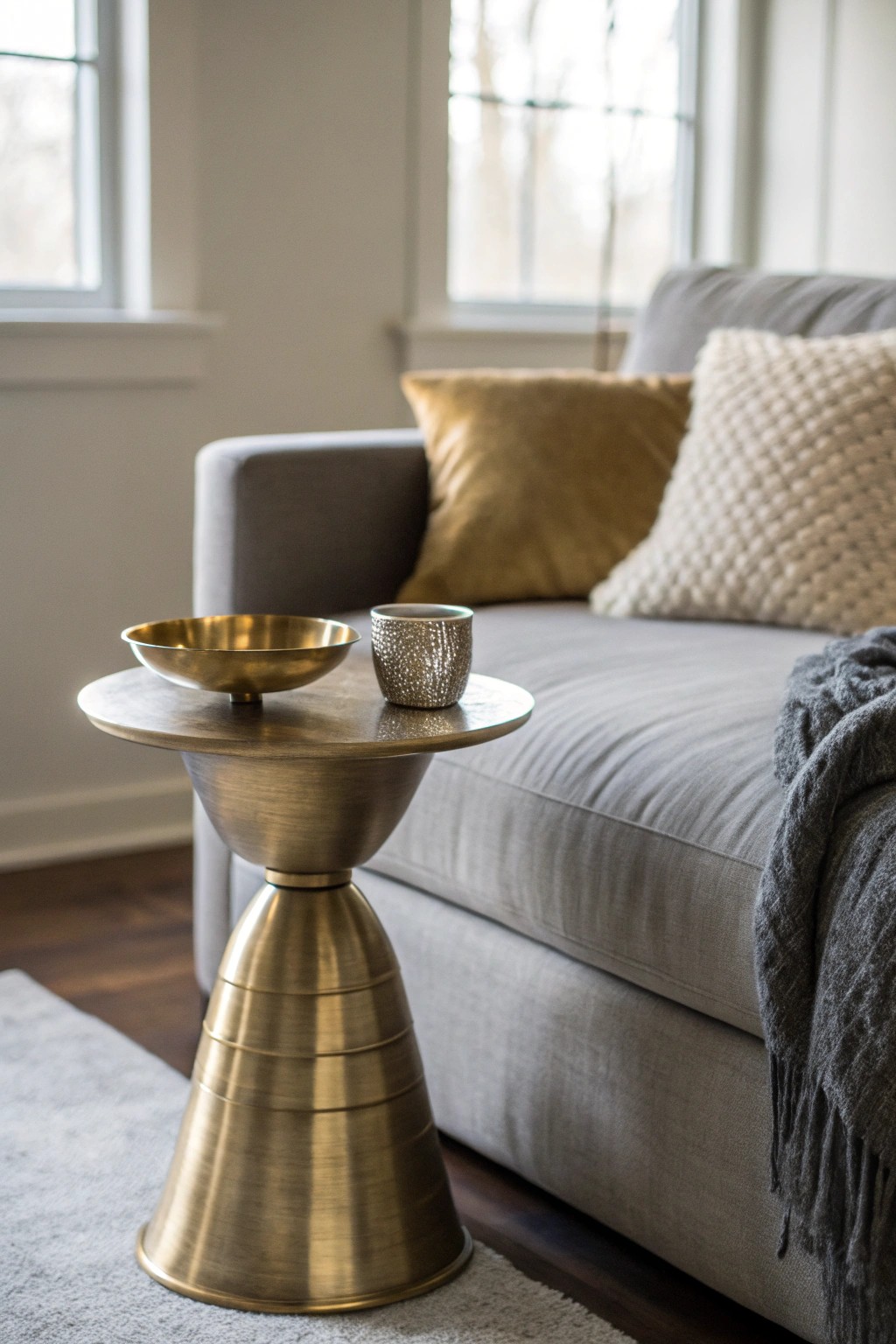 A golden side table brings subtle glamour to a serene grey sofa setting.