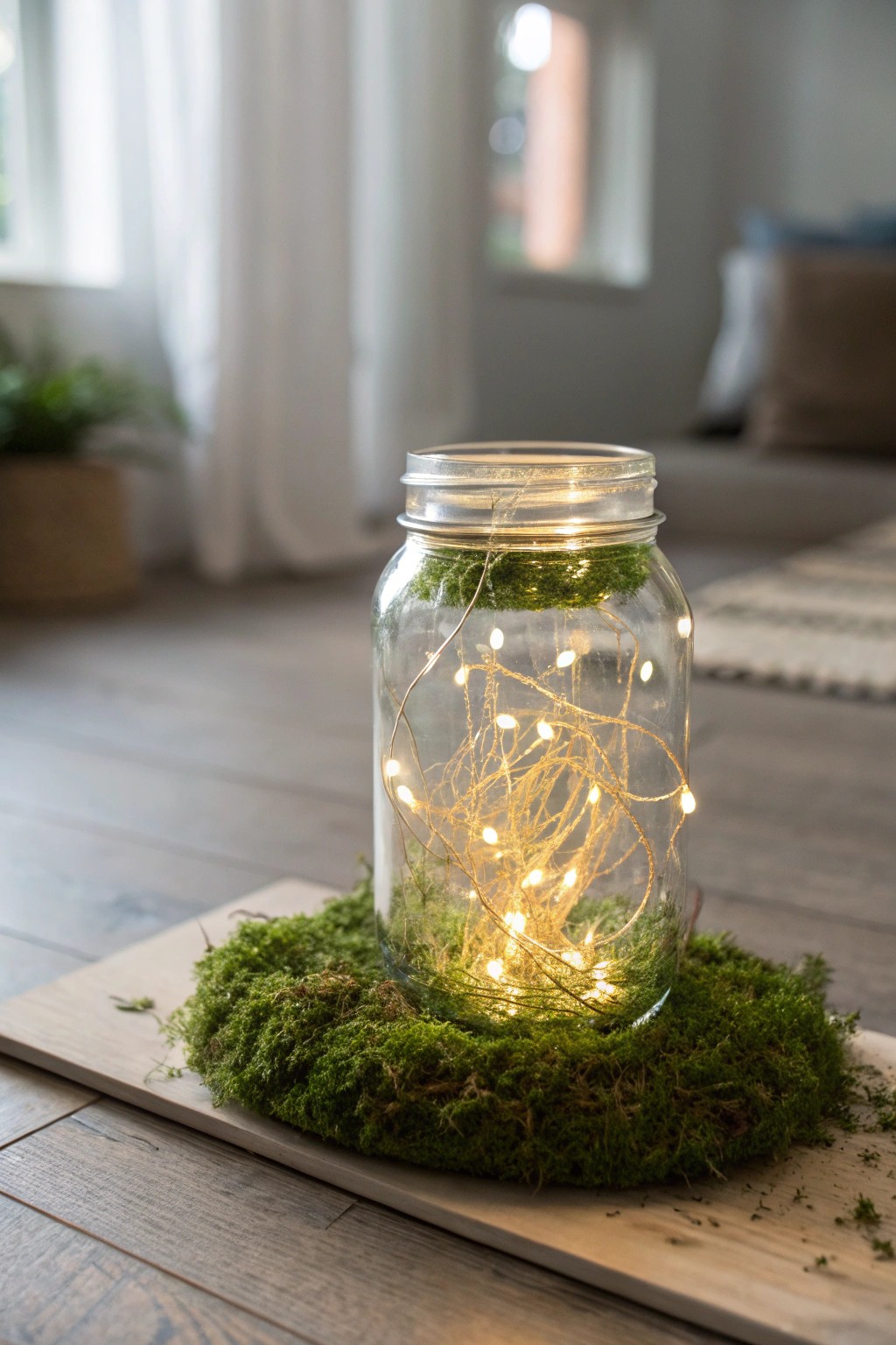 Create a magical firefly lantern with a mason jar, fairy lights, and a touch of nature.