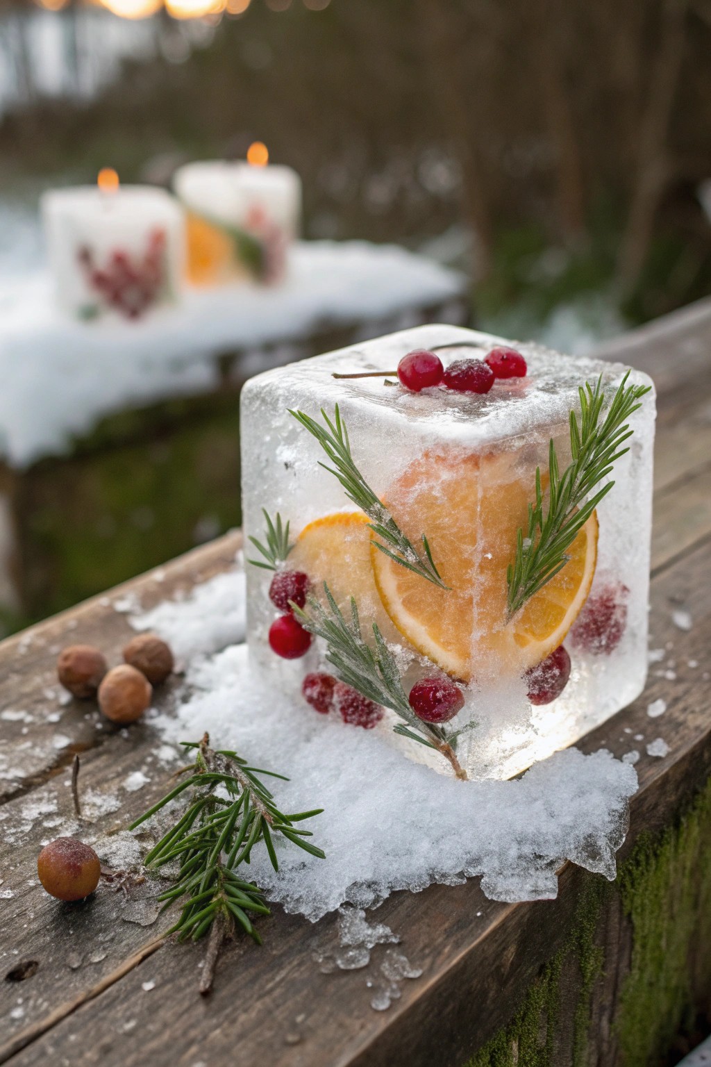 Nature’s magic: a handcrafted ice lantern glows with winter beauty.