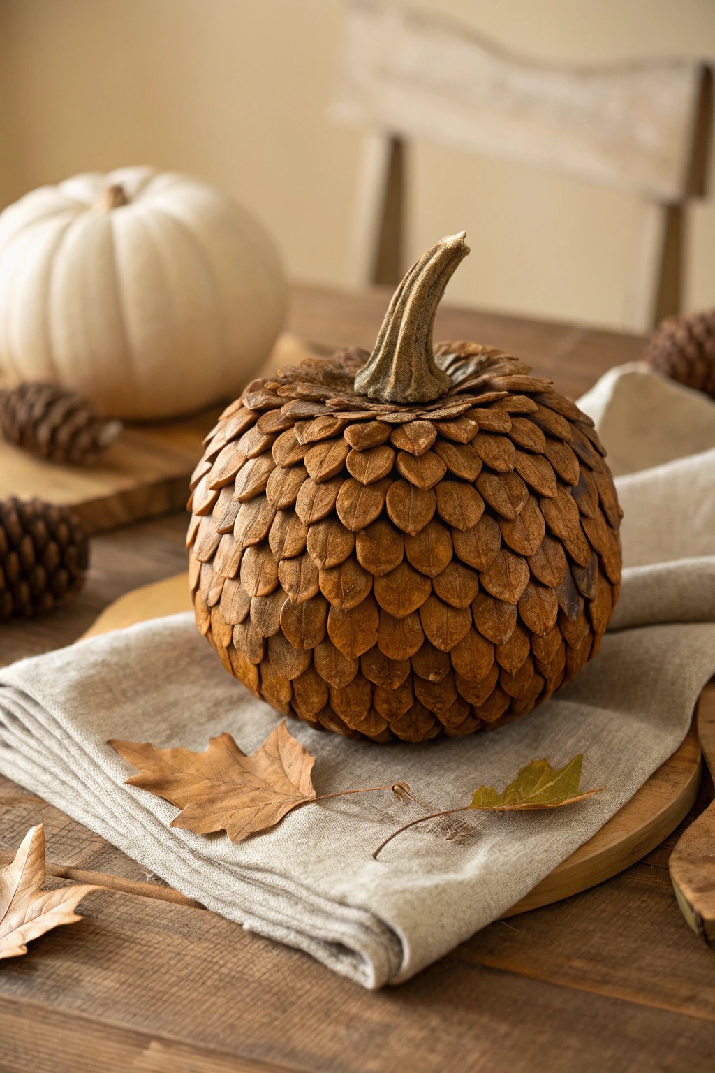 Rustic elegance: a pine cone-clad pumpkin brings woodland charm to minimalist fall decor.