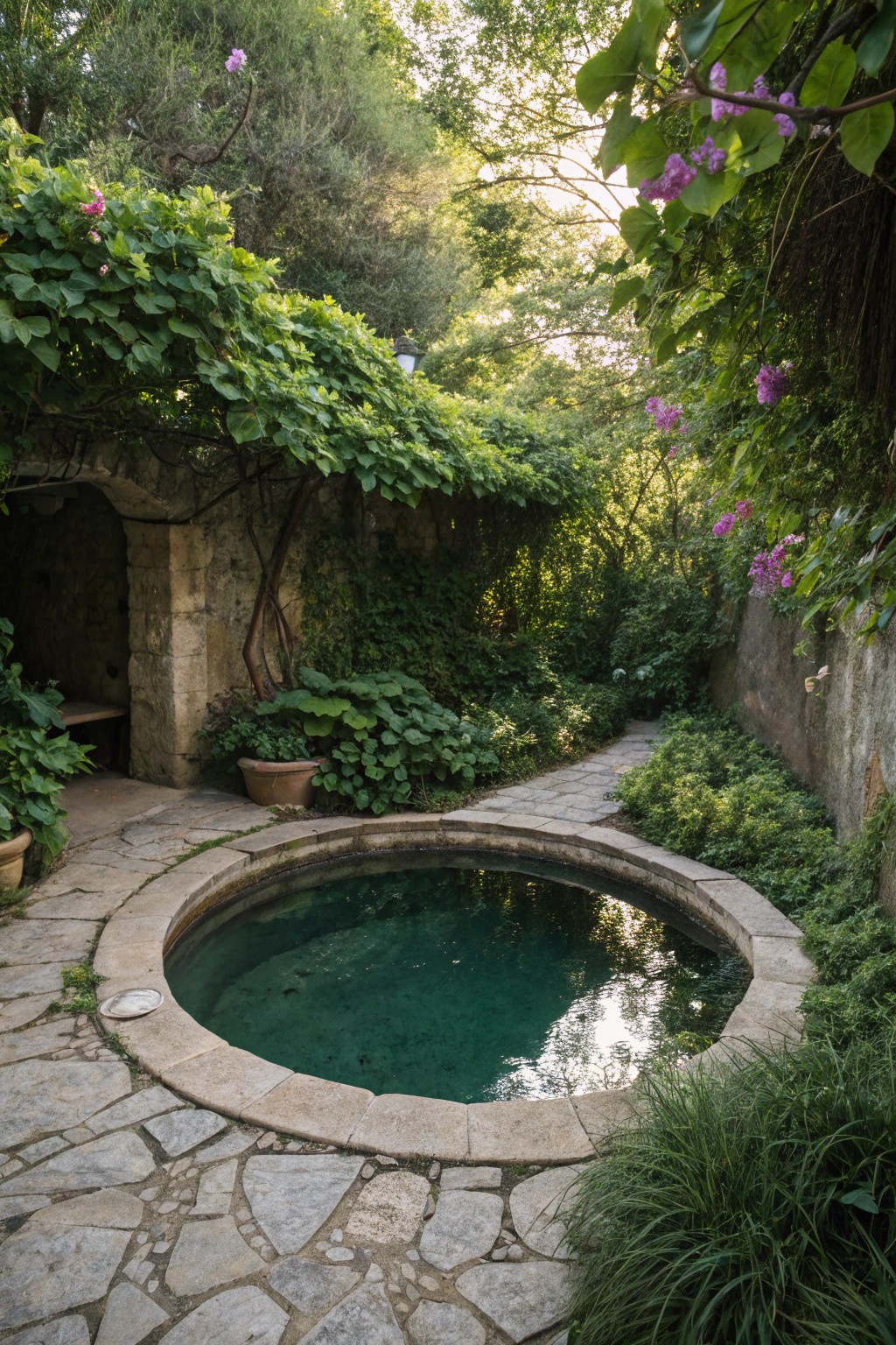 Discover serenity: A hidden garden pool nook for your own fairy tale escape.