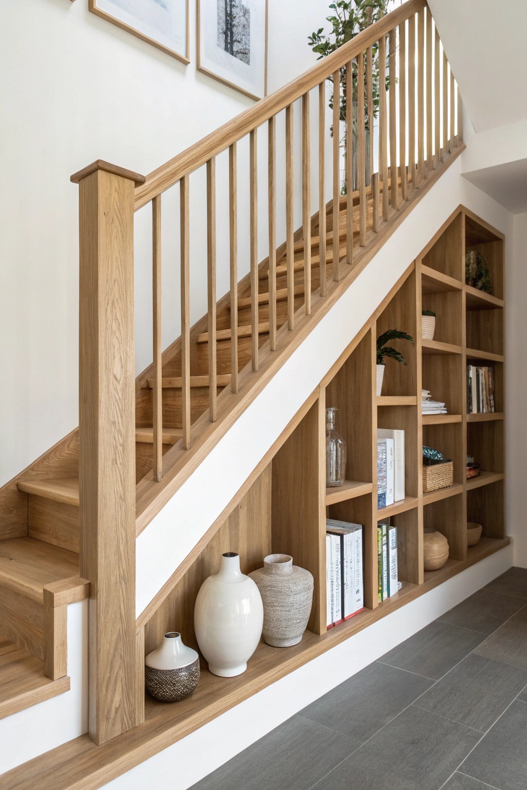 Stair railing meets shelf: a beautiful fusion of function and style.