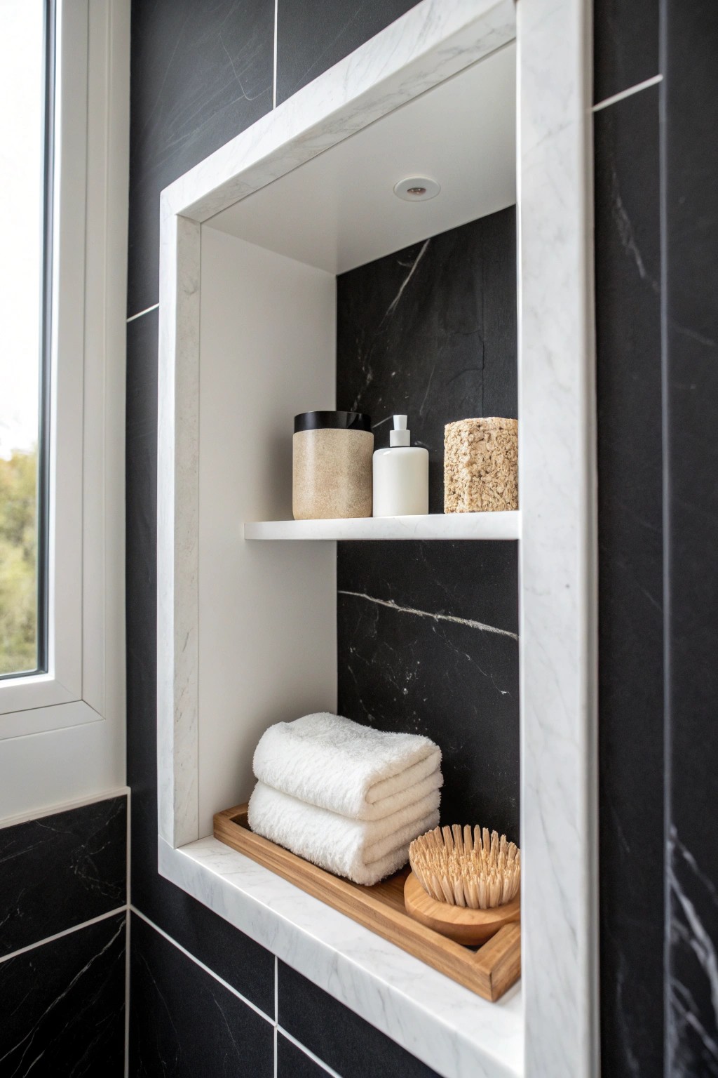 Sculptural simplicity: a black and white niche that blends storage with artistry.