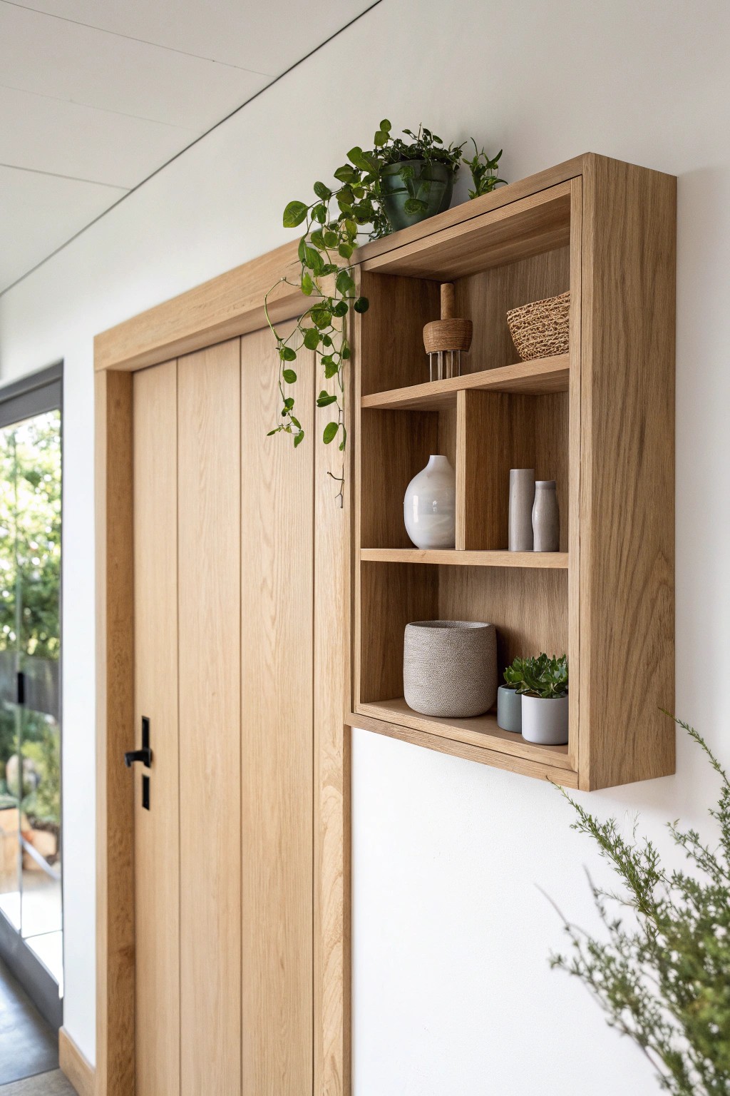 Effortless organization with natural wood floating cubby shelves—where beauty meets function.