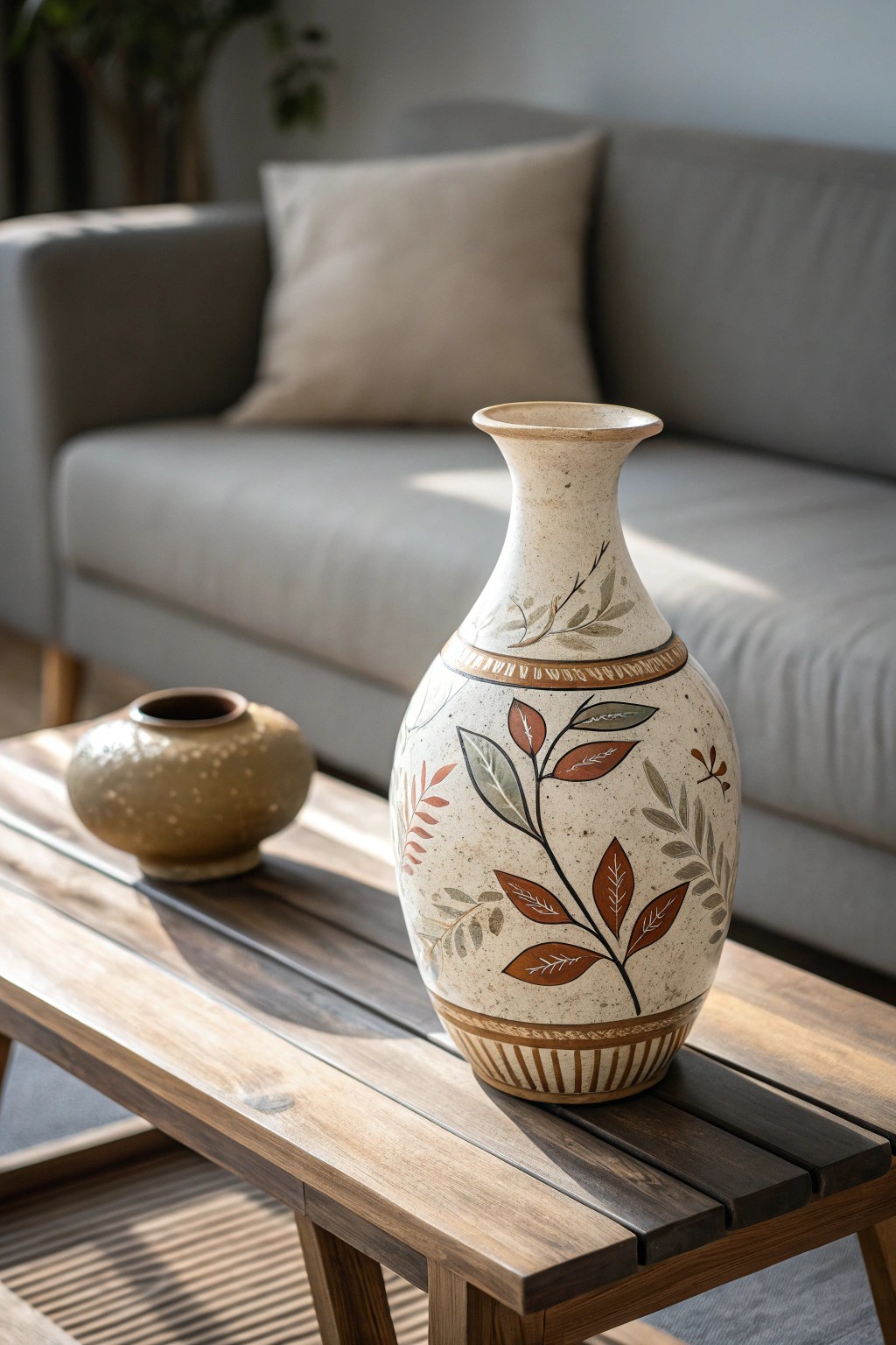 Add soul to your living room with handcrafted art—let a unique pottery piece shine against your grey couch.