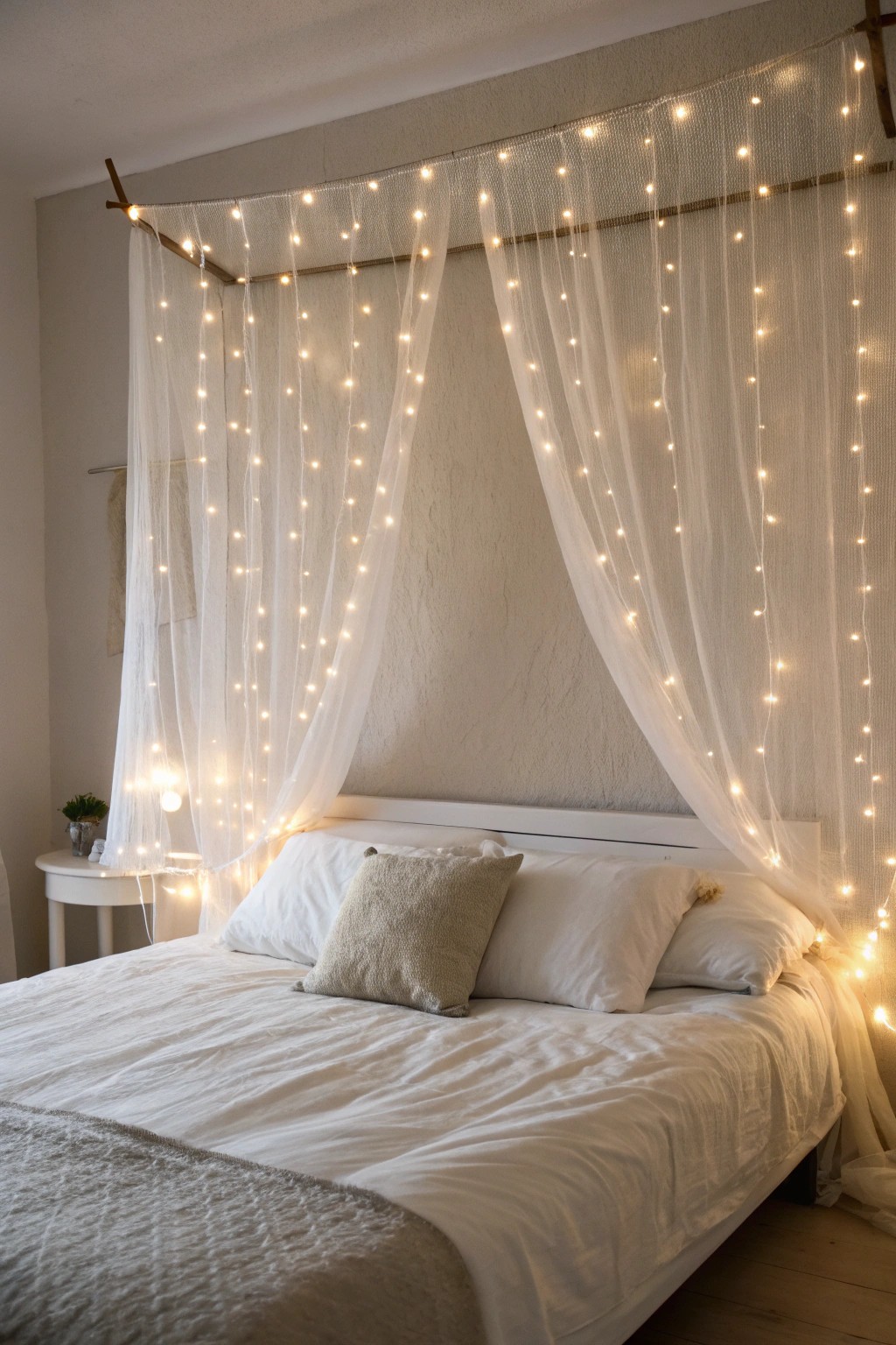 Transform your bedroom with a dreamy string light curtain headboard.