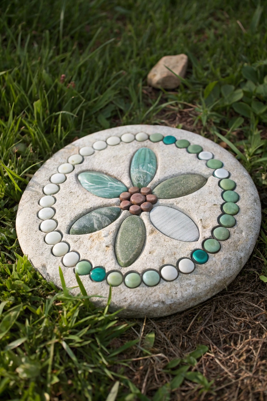 Handcrafted pebble mosaic stepping stone: simple beauty for your patio path.