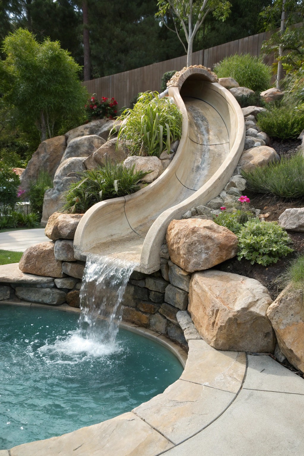 A hidden stone waterslide: the ultimate poolside surprise.