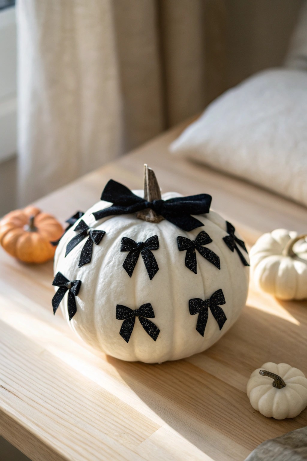 Chic velvet bows turn a simple pumpkin into a feminine autumn statement piece.