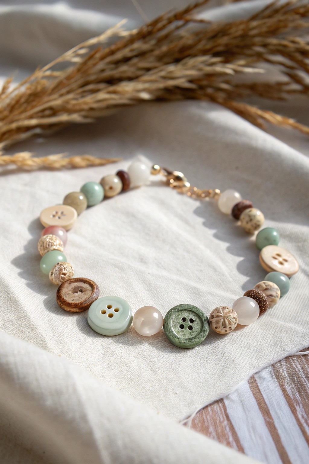 Charming upcycled bracelet—vintage buttons meet minimalist beauty.