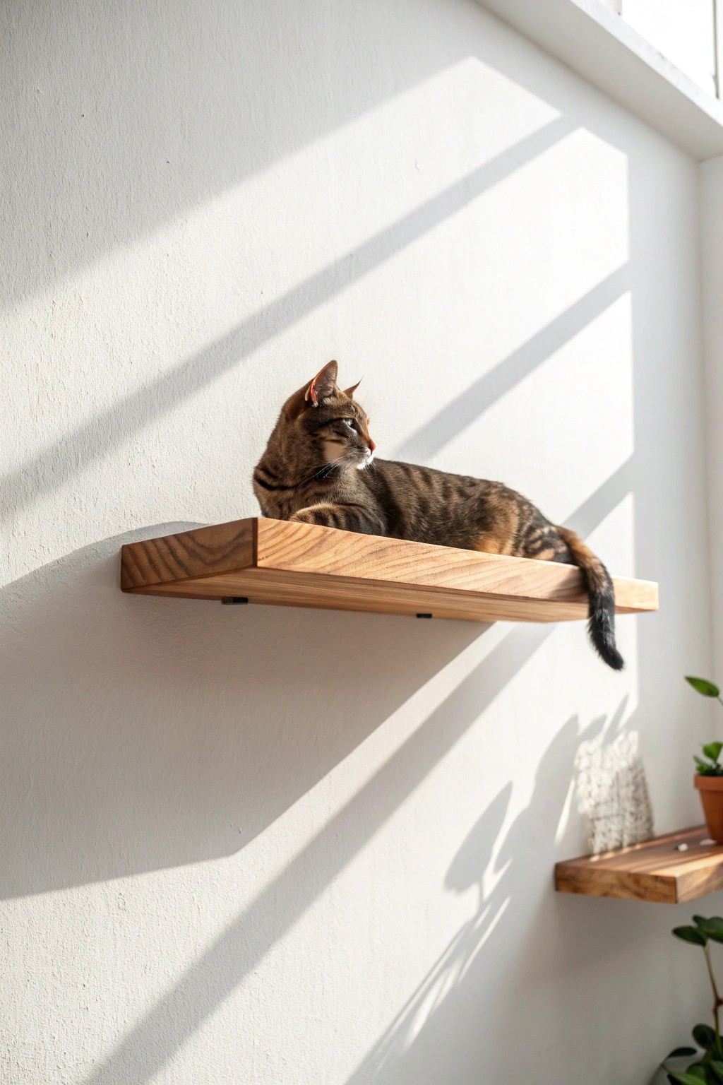 Simple elegance: a floating shelf becomes your cat’s favorite perch.