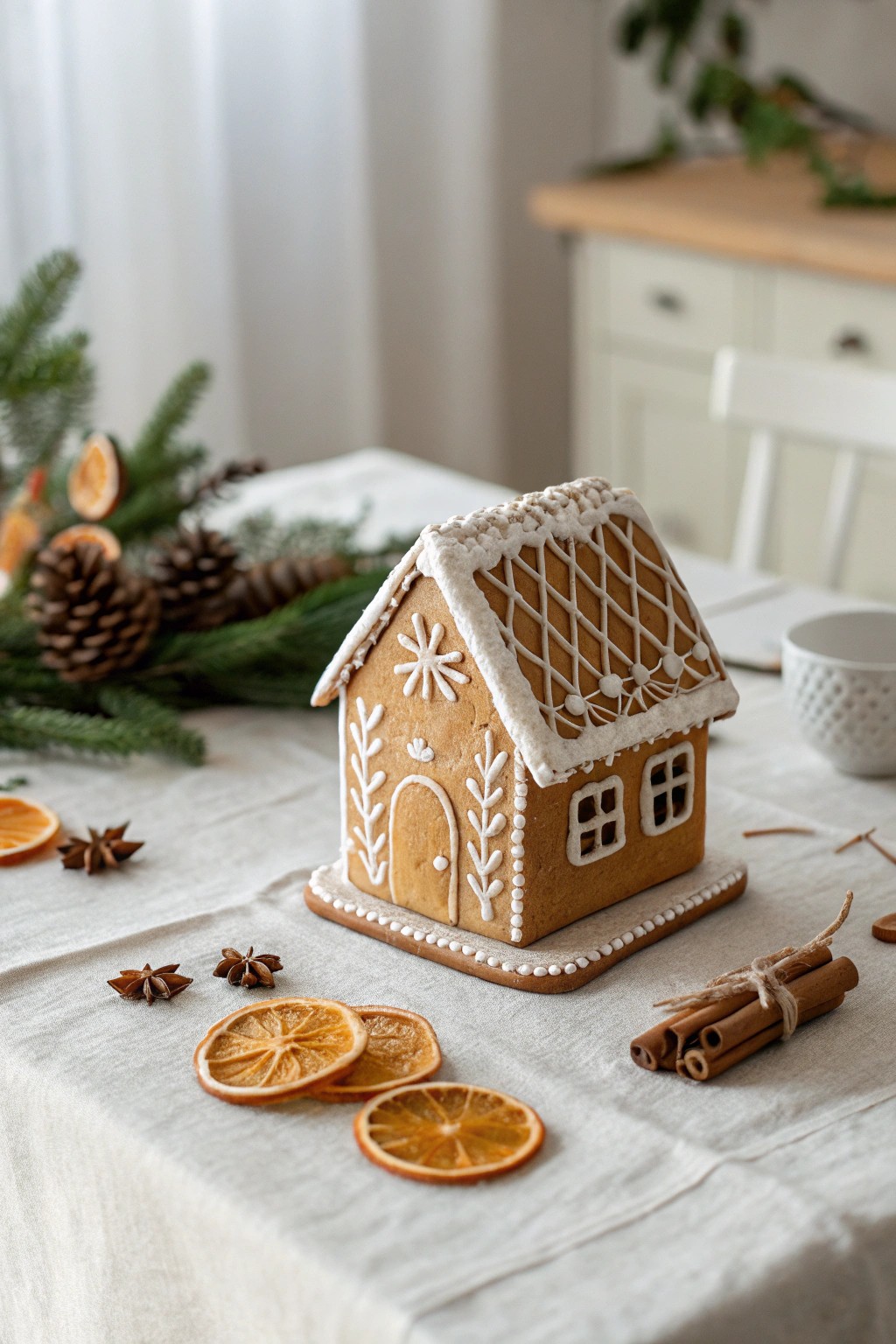 Cozy moments: a handcrafted mini gingerbread house ready for your decorating party.