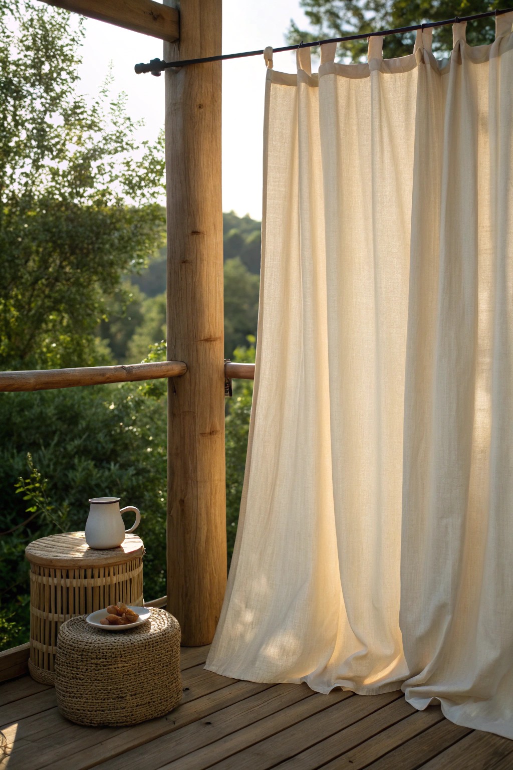 Create your own secret patio nook with flowing outdoor curtains and simple, natural touches.