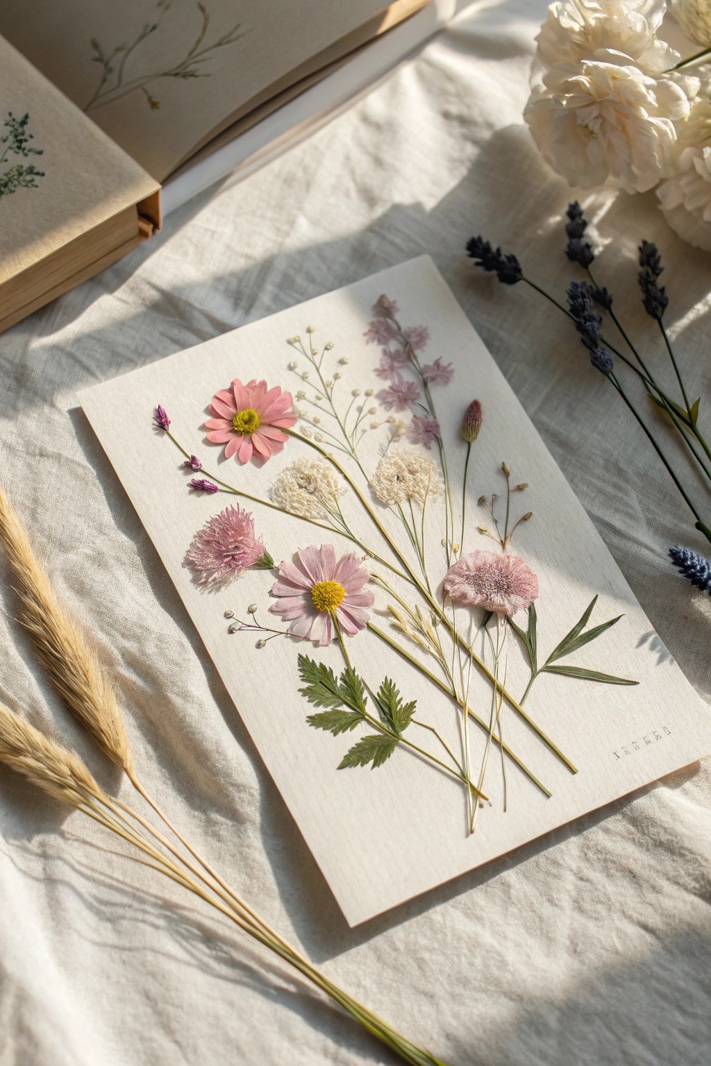 A timeless anniversary card: pressed flowers meet minimalist design for a heartfelt keepsake.