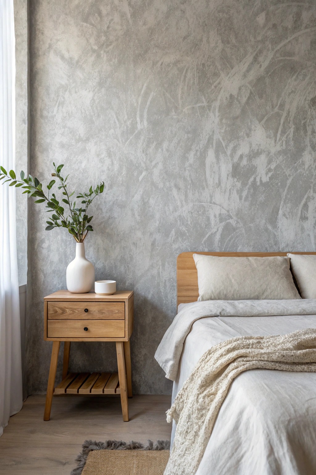 Elevate your bedroom with a textured plaster accent wall—where urban edge meets natural simplicity.