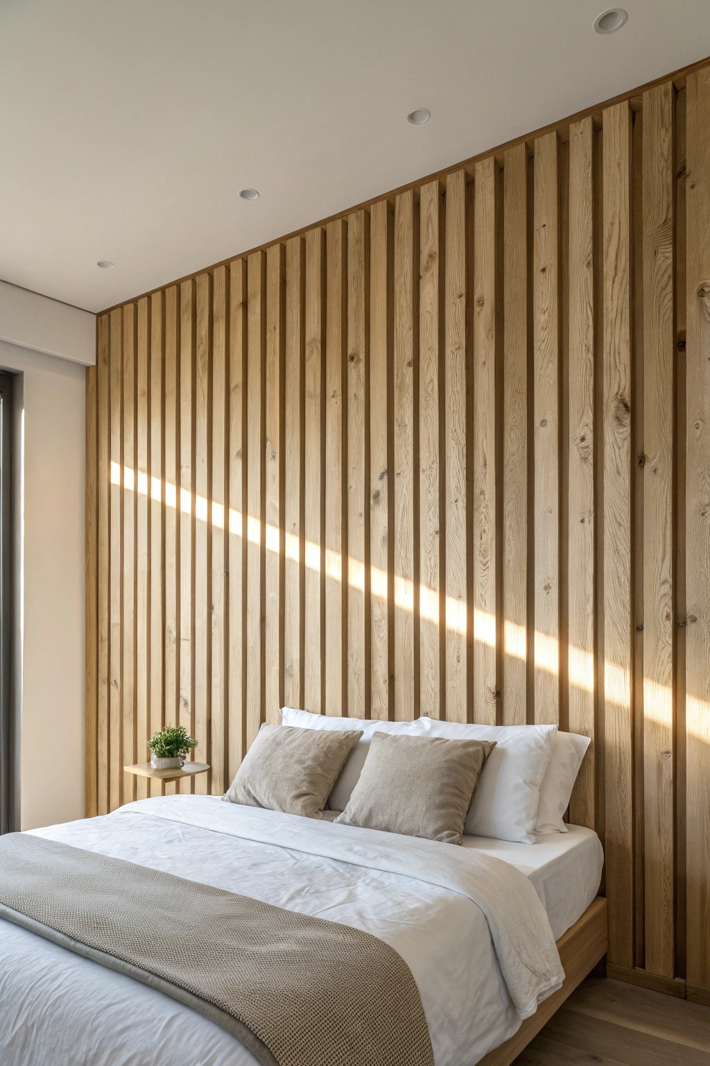 Elevate your bedroom with the timeless beauty of a textured wood accent wall.