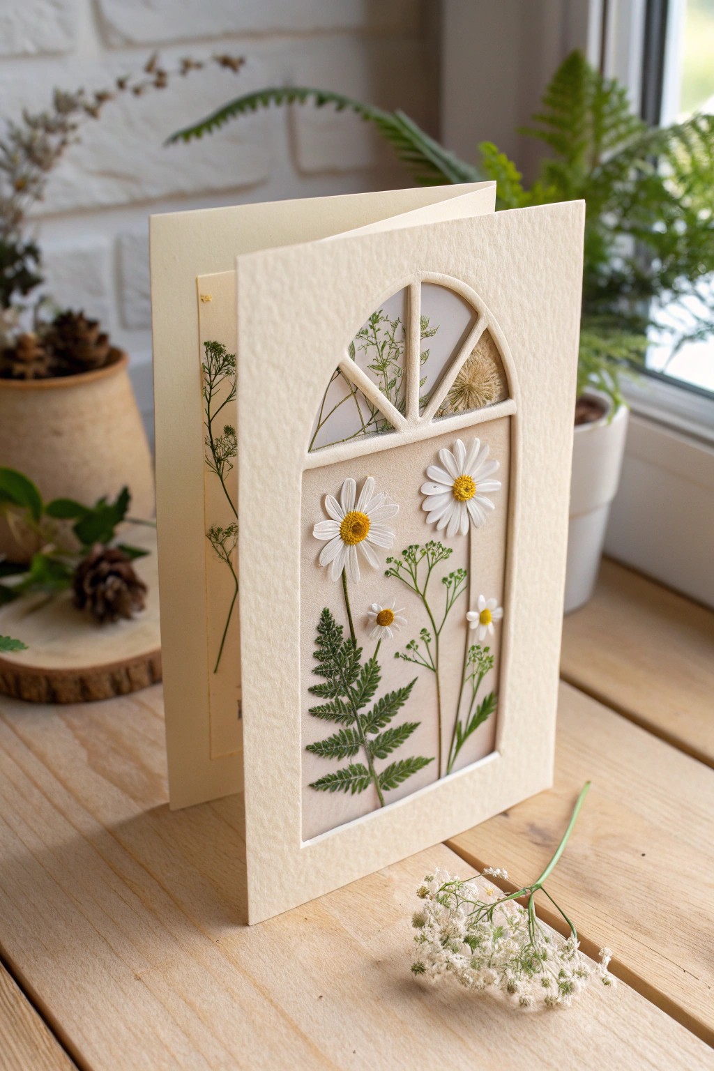 Handcrafted pressed flower window card – a keepsake birthday surprise for mom.