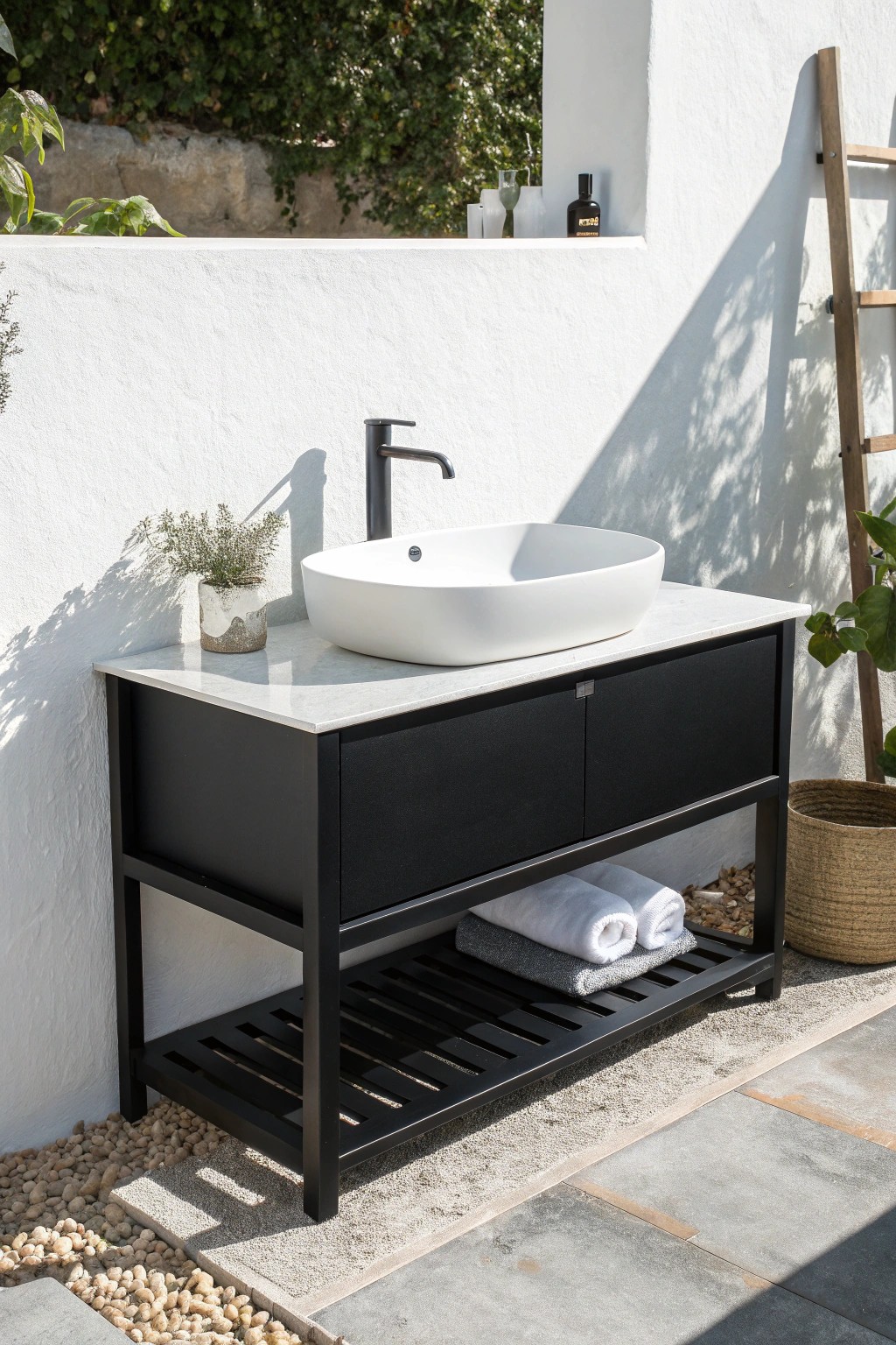 Effortless elegance: A black floating vanity brings lightness and modern simplicity to any bathroom.